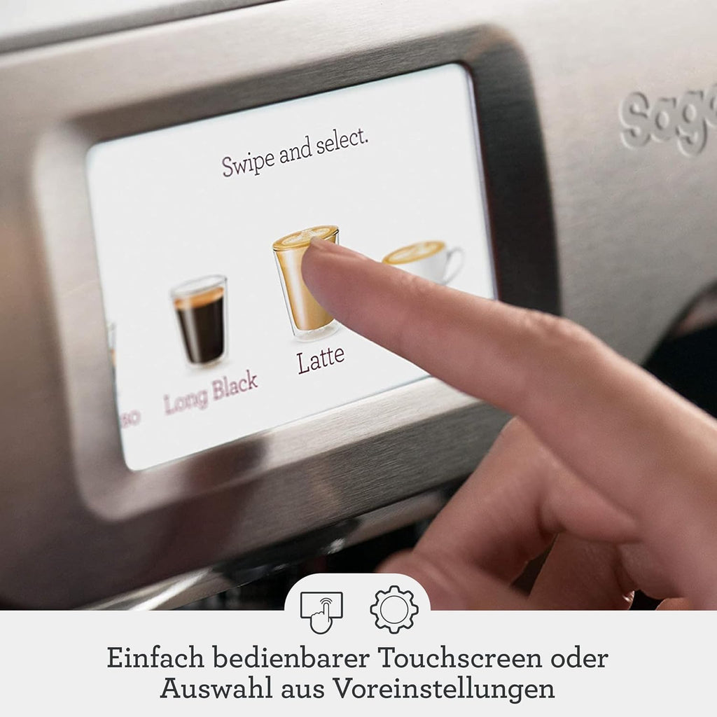 Sage - The Barista Touch - Macchina da caffè con schiumalatte automatico e macinacaffè integrato - Touchscreen, pressino rimovibile, 5 impostazioni predefinite - Macchina per caffè espresso - Acciaio Inox Spazzolato