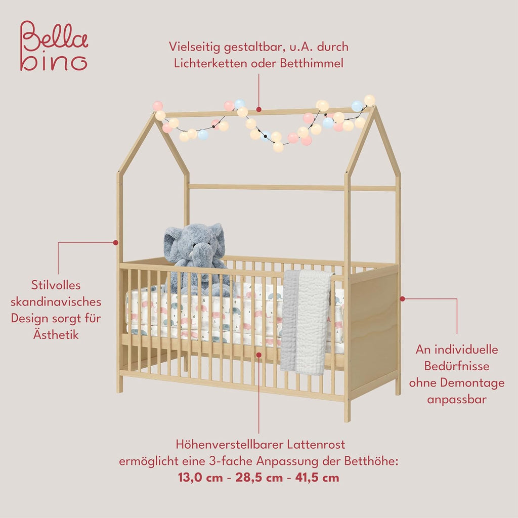 Bellabino Nika Lettino a capanna 70 x 140 cm, letto con sbarre e lettino a capanna per bambini e neonati in pino massiccio bianco, regolabile in altezza su 3 posizioni, incl. rete a doghe