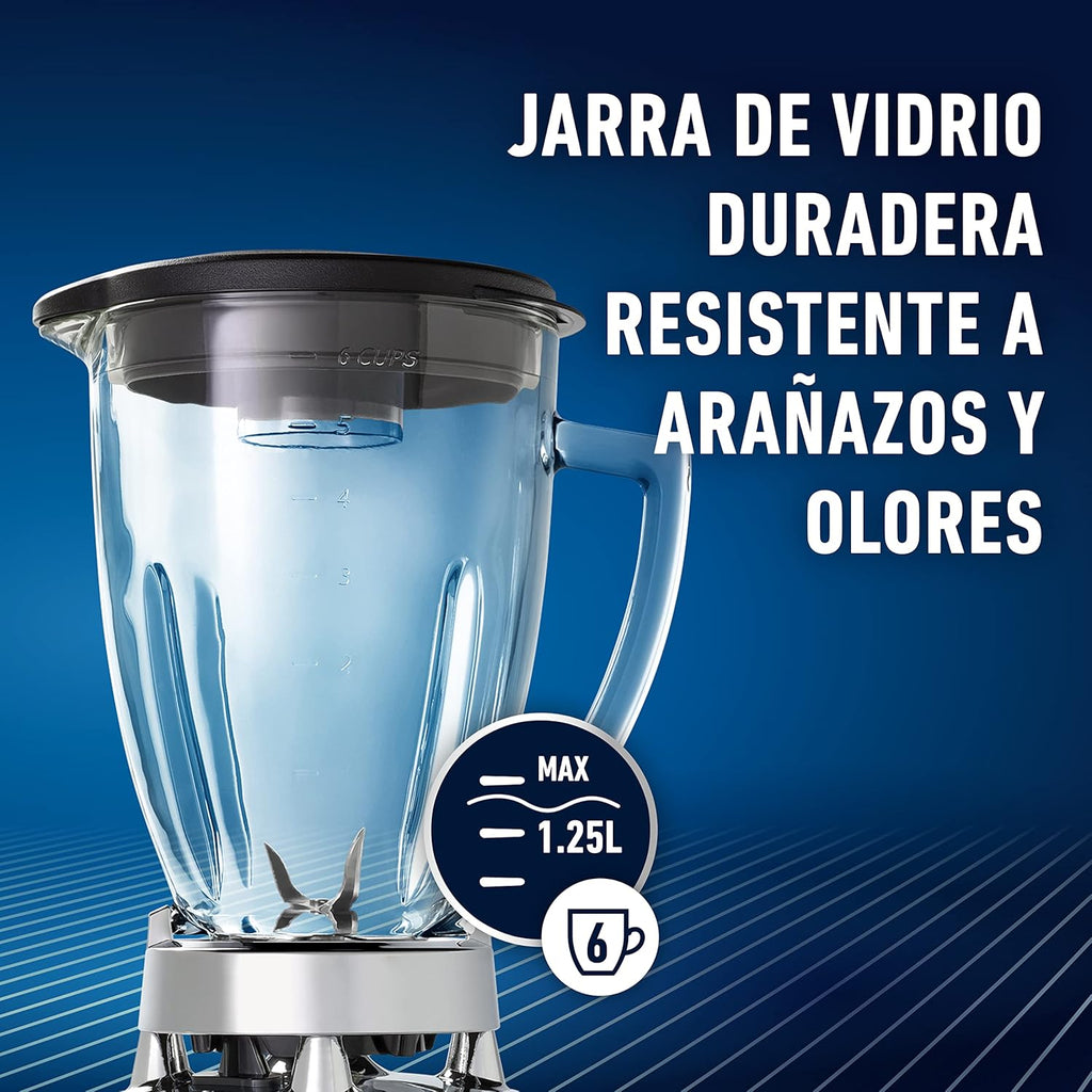 OSTER Classic Frullatore a immersione e frullatore per smoothie, 3 velocità, 600 W, bicchiere in vetro da 1,25 l, lame in acciaio inossidabile [OBL245X], 1 pezzo