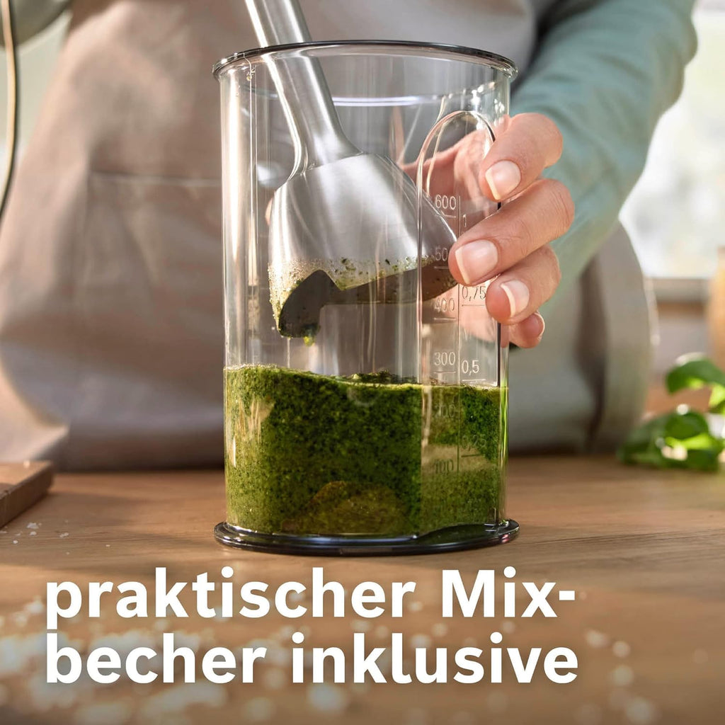 Bosch Frullatore a immersione ErgoMaster Serie 4, 1000 Watt, Piede in acciaio inox, Tritatutto, Bicchiere graduato, nero
