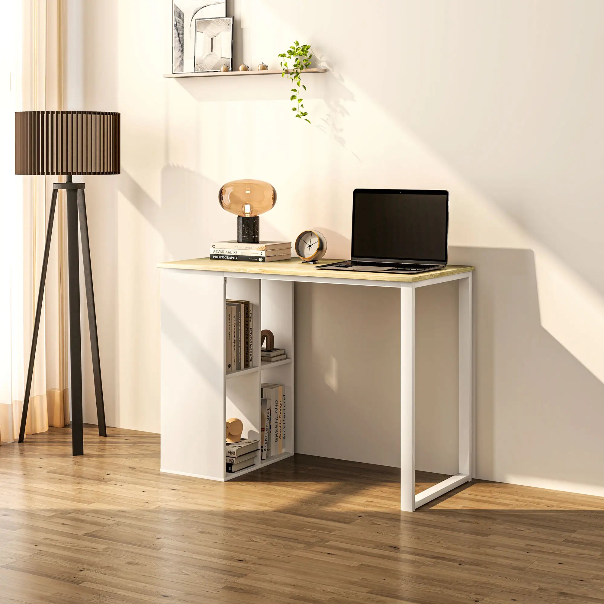 HOMCOM Scrivania da Ufficio Tavolo PC con 4 Ripiani Flessibili, Legno di Quercia