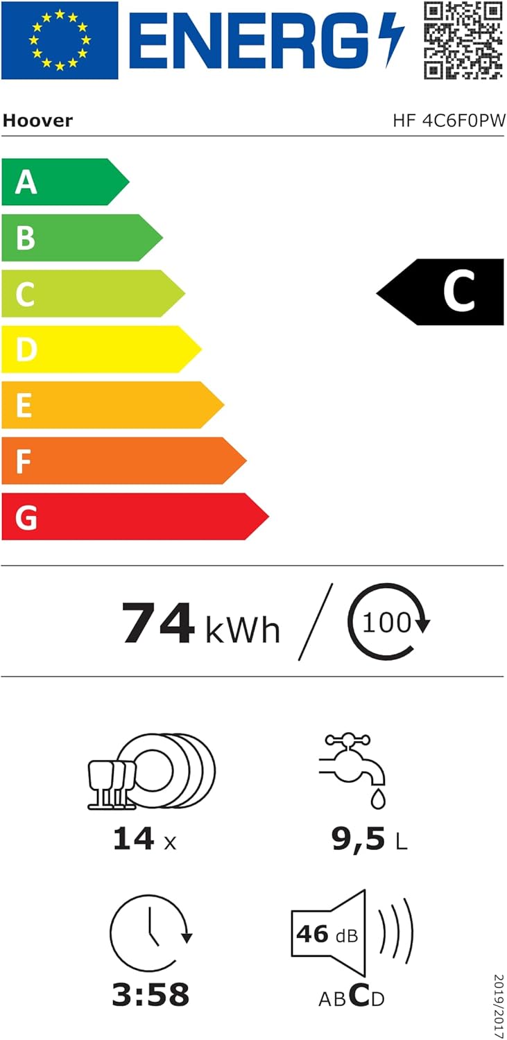 Lavastoviglie Hoover HF 4C6F0PW; 14 coperti; Libera installazione, 60 cm di larghezza; Classe di efficienza energetica C; Controllo intelligente con tecnologia WiFi + Bluetooth