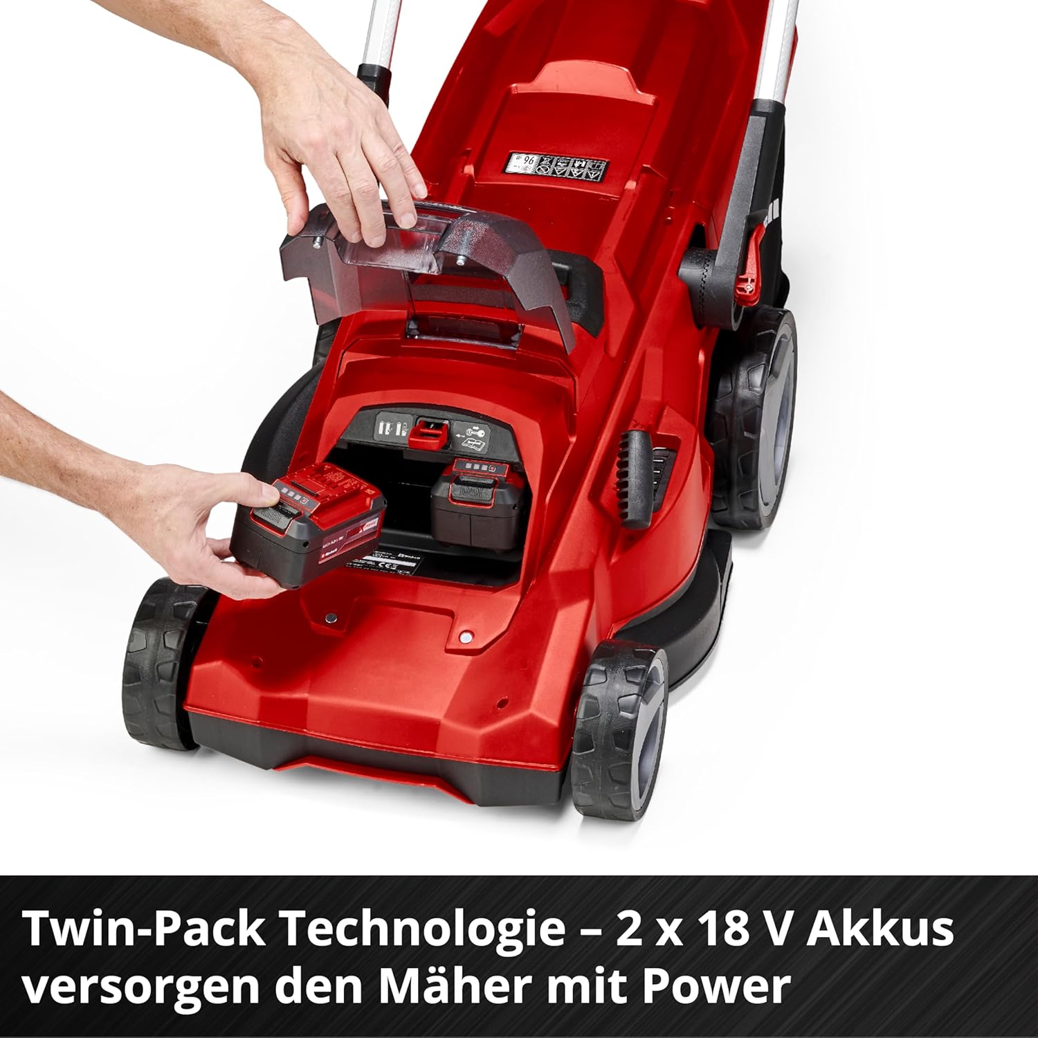 Einhell Rasaerba a batteria RASARRO 36/38 Kit Power X-Change (36 V, 38 cm larghezza taglio, 450 m, senza spazzole, funzione mulching, sacco di raccolta 45L, incl. 2 batterie da 4,0 Ah + caricatore doppio)