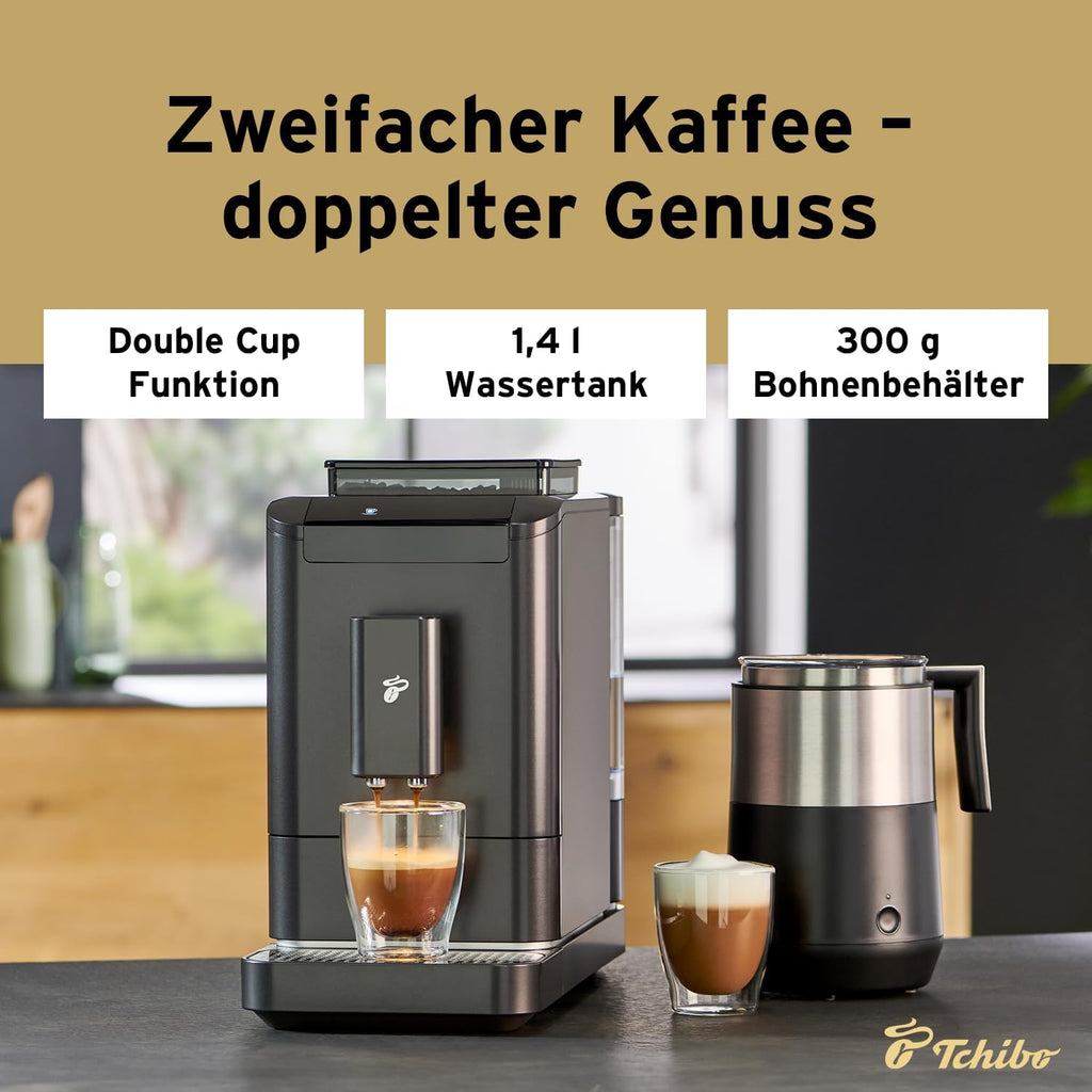 Tchibo Macchina da caffè automatica Esperto2 Caffè con funzione 2 tazze per Caffè Crema ed Espresso, Nero Granito - INCLUSO set di prova caffè GRATUITO