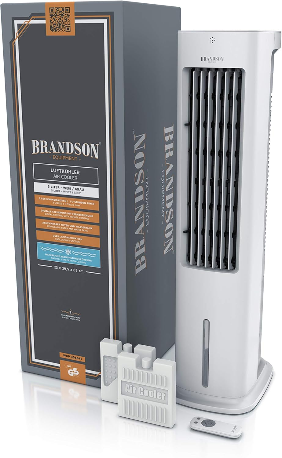 Brandson - Raffrescatore evaporativo 5 in 1 - Refrigeratore evaporativo, umidificatore, ventilatore e purificatore d'aria, condizionatore d'aria portatile senza tubo di scarico - Vincitore del premio 2025 - Silenzioso - Serbatoio dell'acqua da 5 litri