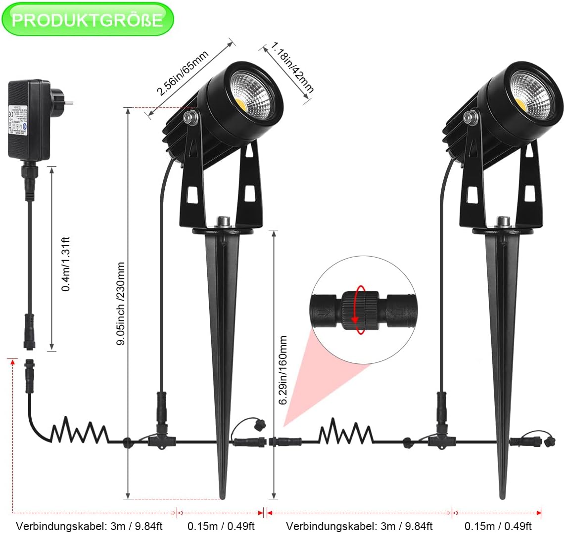 AIMHEIM 12er-Set Gartenstrahler LED Warmweiß, 3W Gartenleuchte Garten Beleuchtung mit Stecker, Schwenkbar Außen-Strahler Aussenbeleuchtung Erdspieß IP65 Wasserdicht für Baum, Pflanzen, Teich