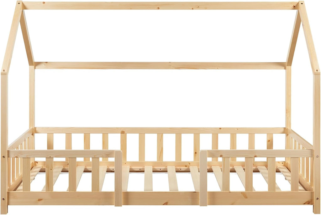 [en.casa] Letto per bambini Sisimiut a capanna 80 x 160 cm con protezione anticaduta letto in legno per bambini letto a terra rete a doghe in legno di pino Bianco opaco