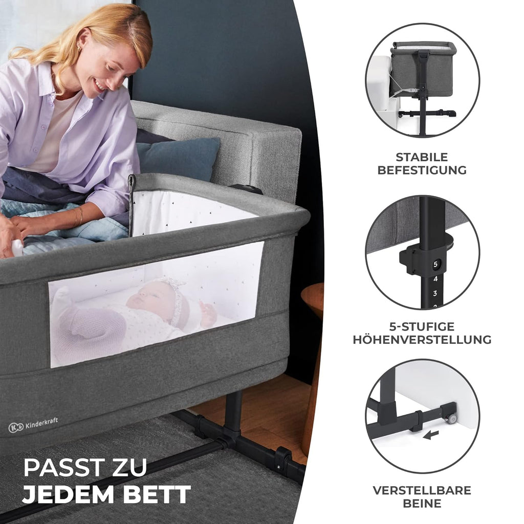 Kinderkraft NESTE GROW Lettino 3 in 1, Lettino da affiancare, Lettino da neonato dalla nascita fino a 2 anni, con materasso, borsa per il trasporto, ruote, regolazione dell'altezza a 5 livelli, angolo del materasso regolabile, Beige