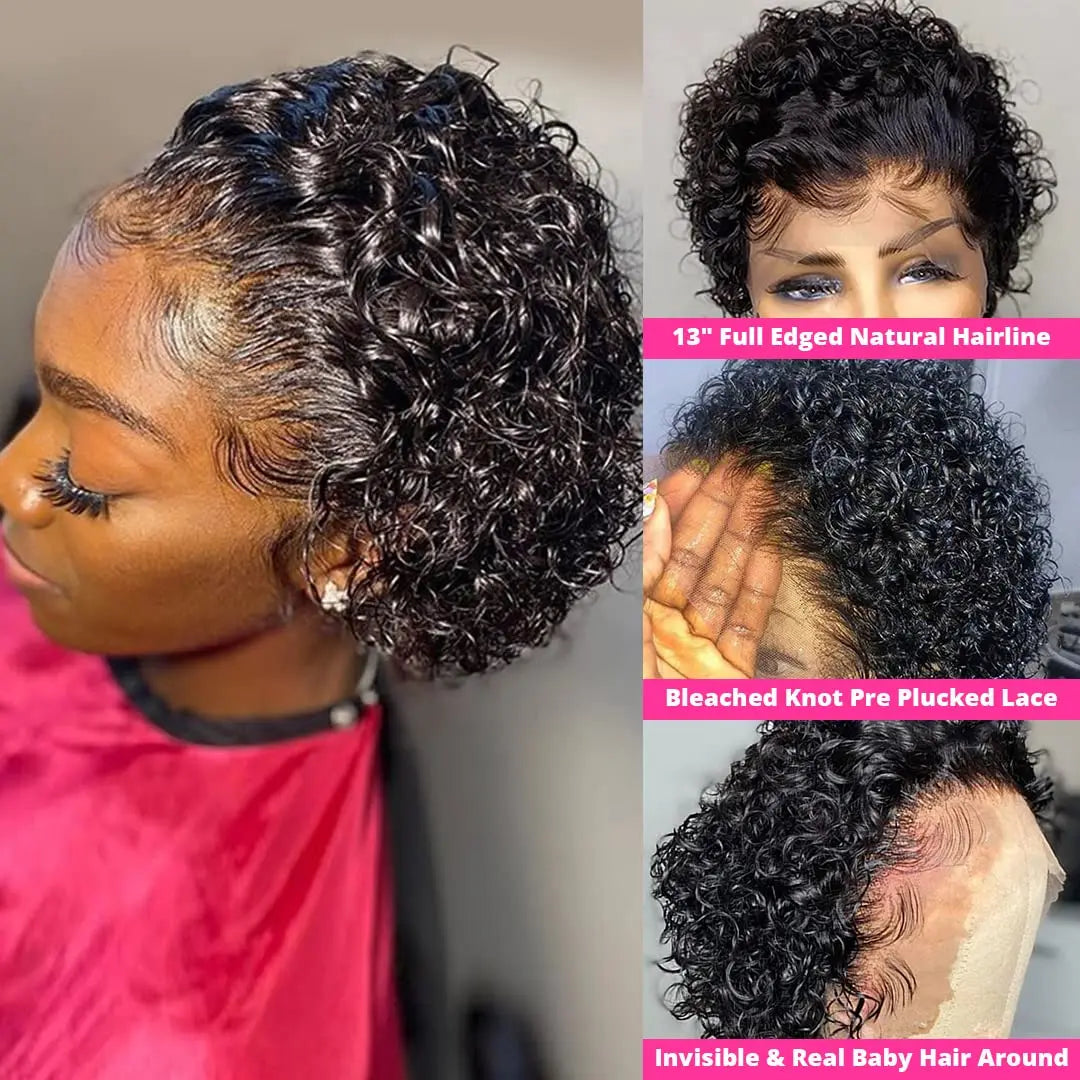 Lockiger Pixie Cut Perücke Kurzer Bob Echthaar Lace Front Perücken Vorgezupft Mit Babyhaaren Deep Curly Klebstofffreie Bob Perücken  Für Frauen 1B
