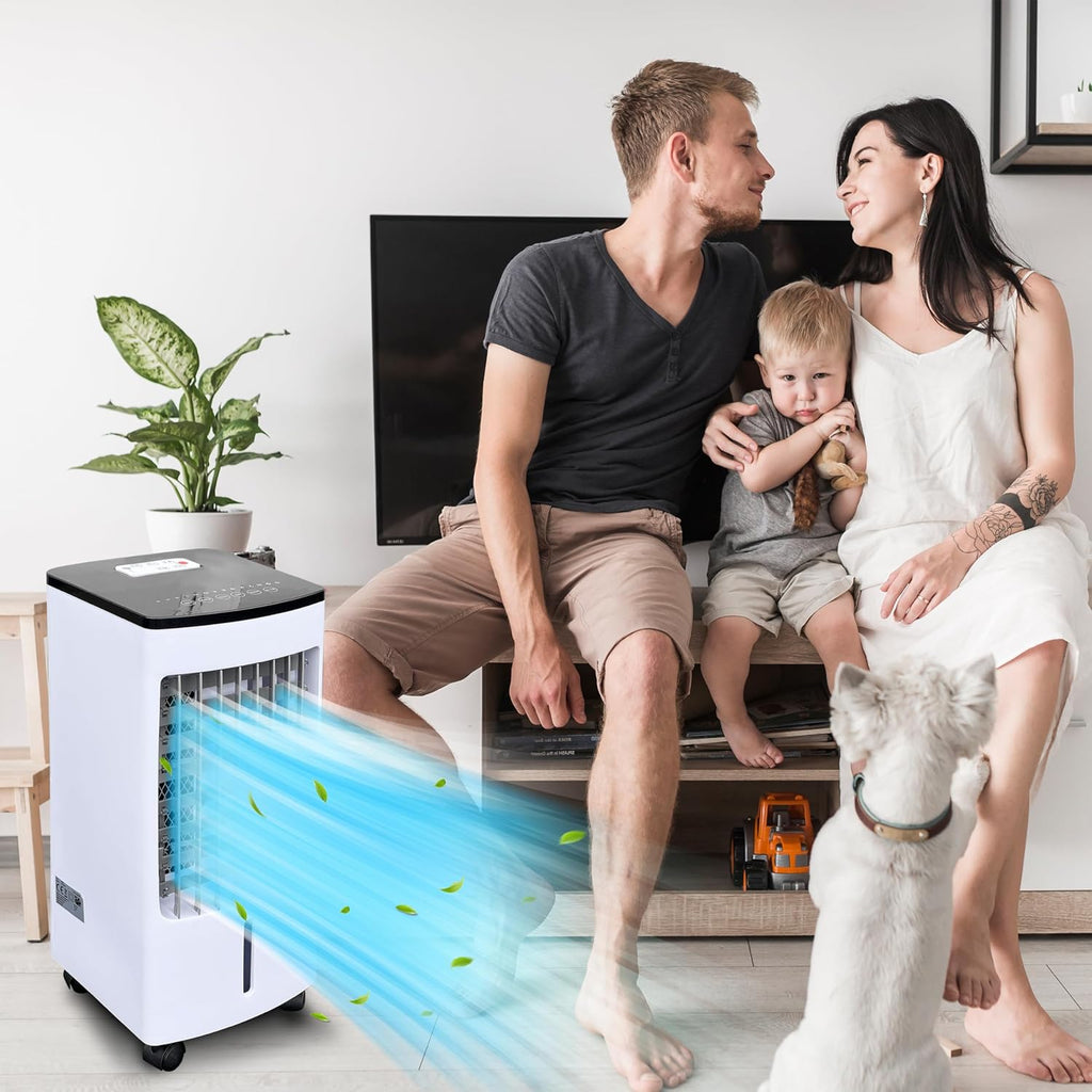 JUNG LIFEAIR Condizionatore Portatile Senza Tubo di Scarico, con Telecomando, Timer 15,5 ore, 60 dBA, 2in1 - Raffrescatore, Ionizzatore, Ventilatore Portatile con Raffreddamento ad Acqua, Climatizzatore Portatile Silenzioso