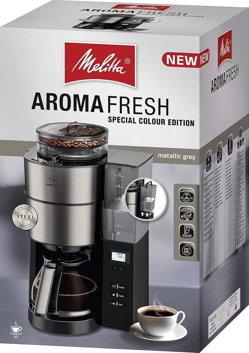 Melitta AromaFresh - Macchina da caffè con filtro - con caraffa in vetro - macinacaffè integrato - funzione timer - 10 tazze - Pure Black