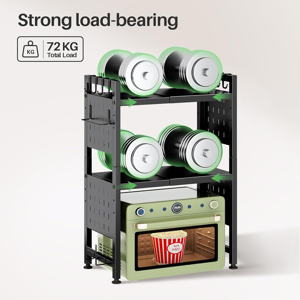 SAYZH Mikrowellen Regal, 3-stufiges Erweiterbares mikrowelle Regal Mikrowellenregal Organizer Küche mit 10 Haken, Flexibel Ausziehbar von 40-70cm, Stufiges Küchenregal mikrowellenstnder, Schwarz