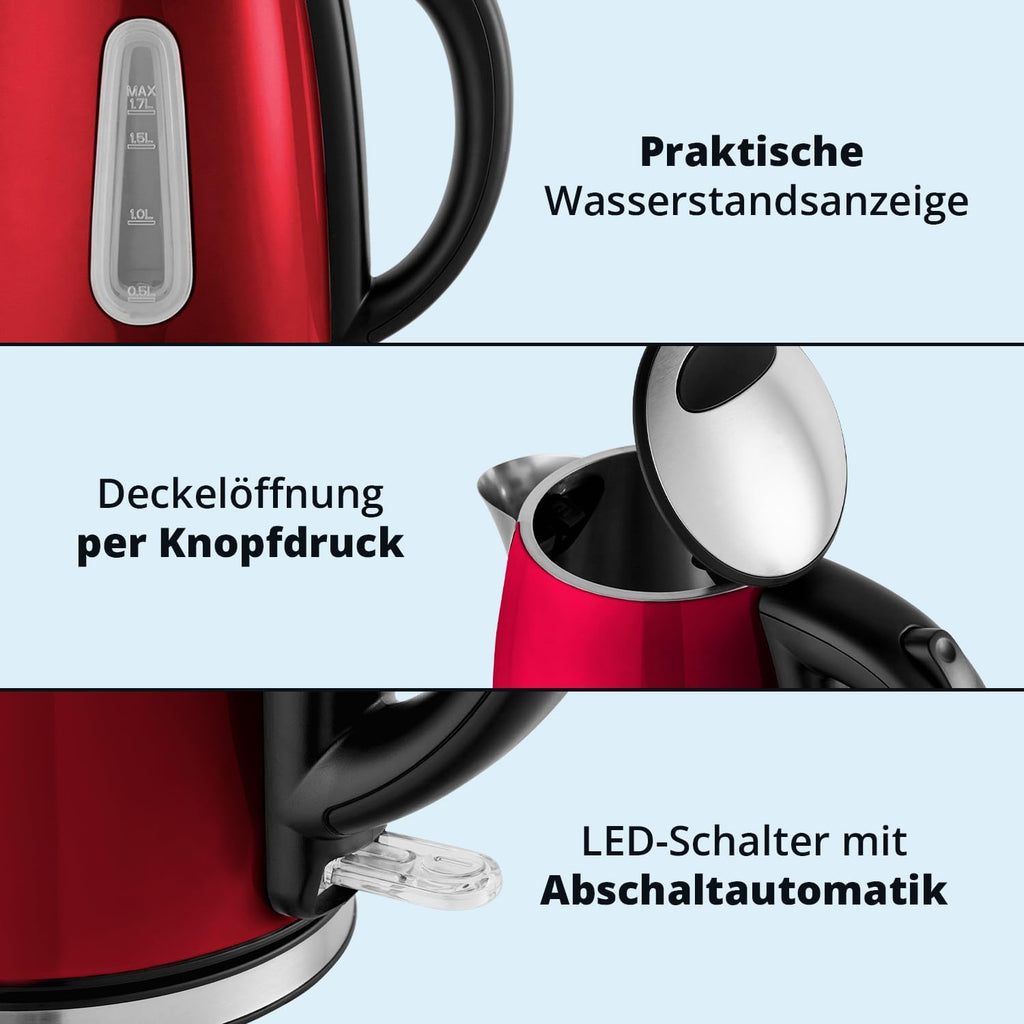 KHG Frühstücksset Wasserkocher, Toaster & Kaffeemaschine in Rot, Edelstahl Metallic Chrom, 1,7l Kapazität, 2 Toast Scheiben & 12 Tassen Kaffee, Kontrollleuchten, Wasserstandsanzeigen, Permanentfilter