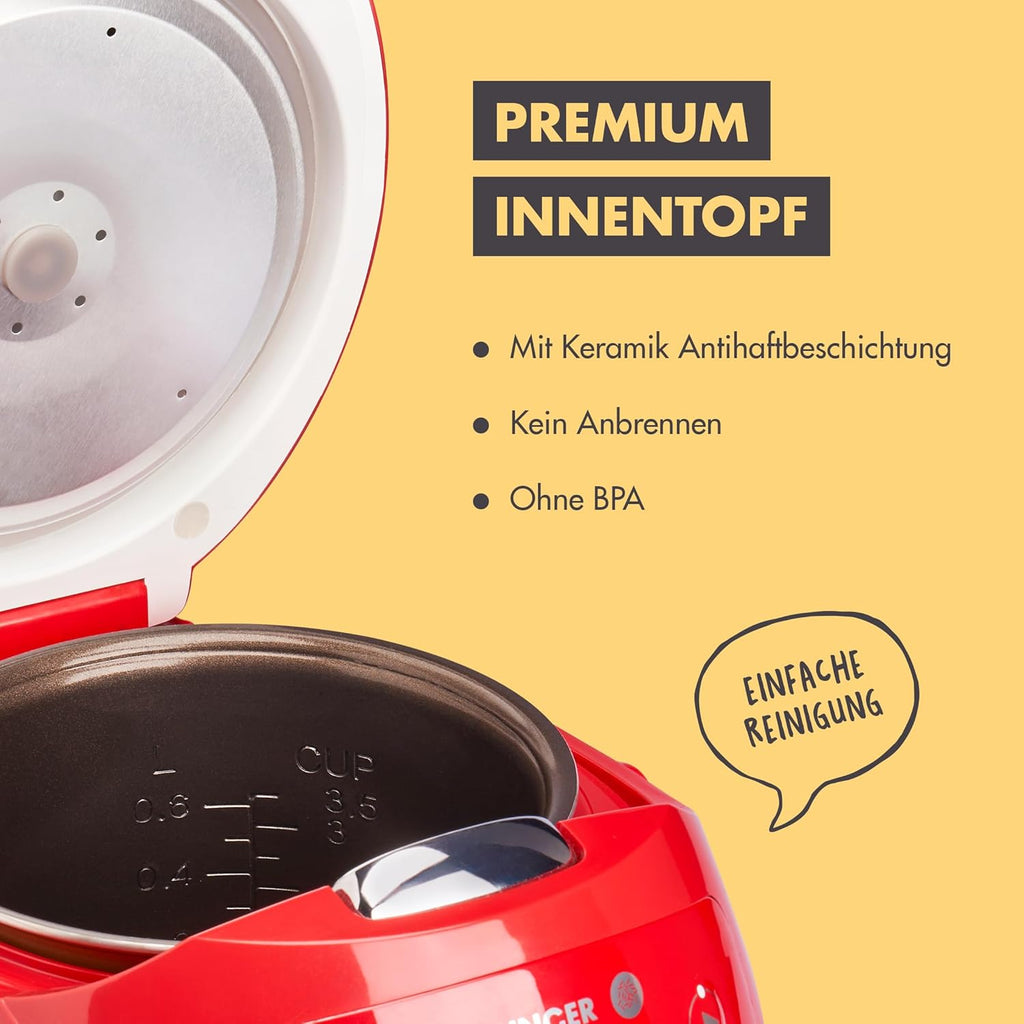 REISHUNGER Cuociriso digitale piccolo, nero | Da 0,6 L fino a 3 persone | Funzione mantenimento calore, timer e pentola premium | Multicooker e vaporiera piccoli, 8 programmi, tecnologia a 7 fasi
