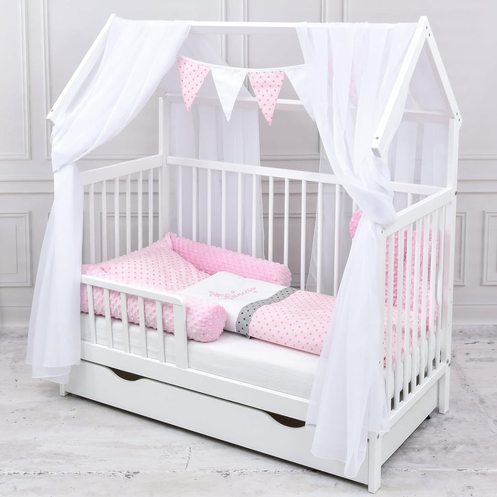 Baby Delux Lettino per Bambini Set Completo Casetta 60x120 cm Bianco con Cassetto Sponda Paracolpi Materasso Biancheria da Letto Set Decorativo (Stelle del Principe)