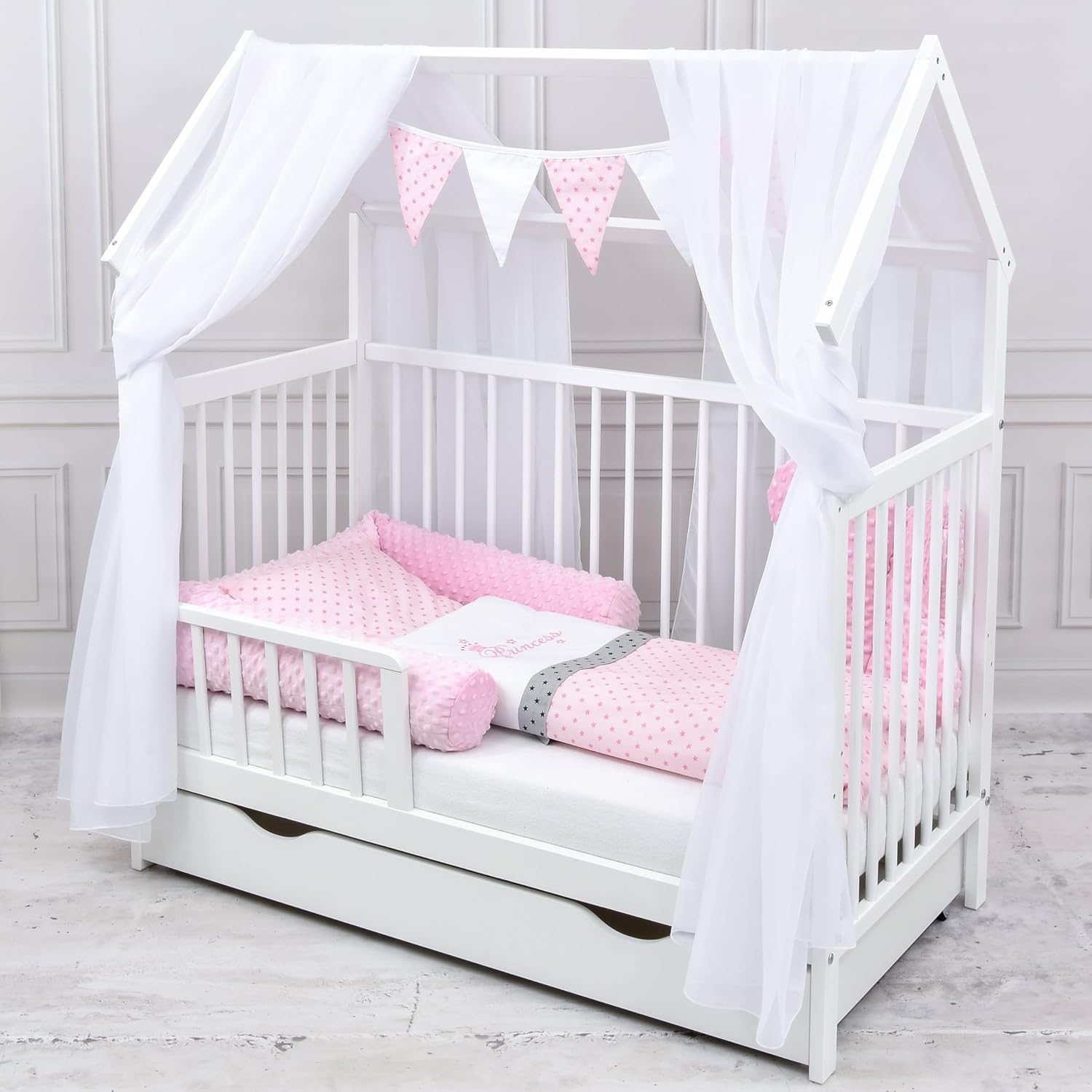 Baby Delux Lettino per Bambini Set Completo Casetta 60x120 cm Bianco con Cassetto Sponda Paracolpi Materasso Biancheria da Letto Set Decorativo (Stelle del Principe)