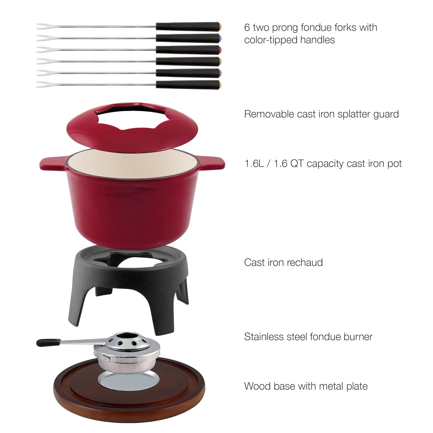 Swissmar F66705 Sierra Set Fondue 11 Pezzi, Ghisa/Acciaio Inossidabile, Rosso Ciliegia, 1.6L, Set Fondue per Carne, Formaggio e Cioccolato, per 4 Persone, Confezione Regalo