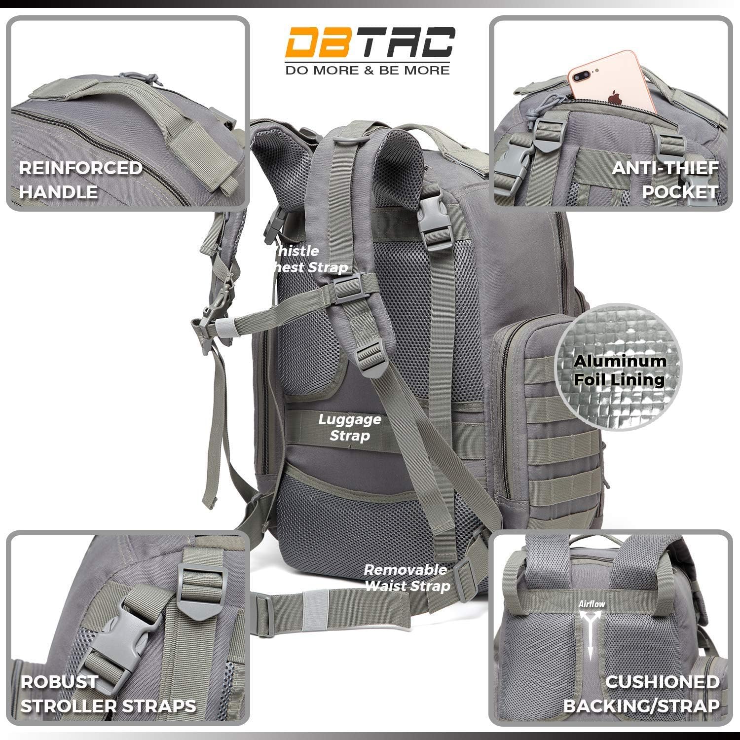 DBTAC Zaino Fasciatoio per Papà, Borsa per Pannolini Grande da Uomo con Materassino per il Cambio, Tasche Isolate + Lavabili, Cinghie per Passeggino, Grigio