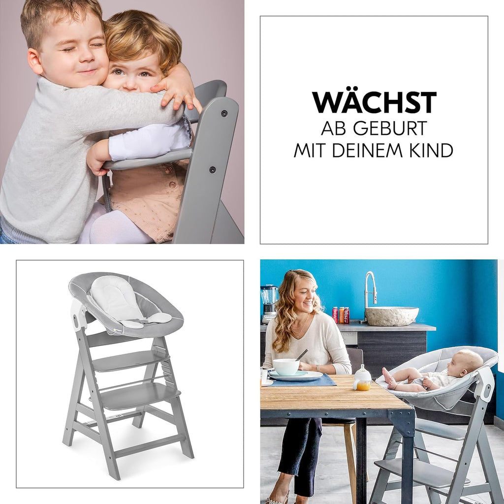 hauck Hochstuhl Alpha Plus Newborn Set mit 2in1 Bouncer - Mitwachsender Holz Babyhochstuhl ab Geburt, inkl. Sitzauflage & Neugeborenenaufsatz - Dark Grey