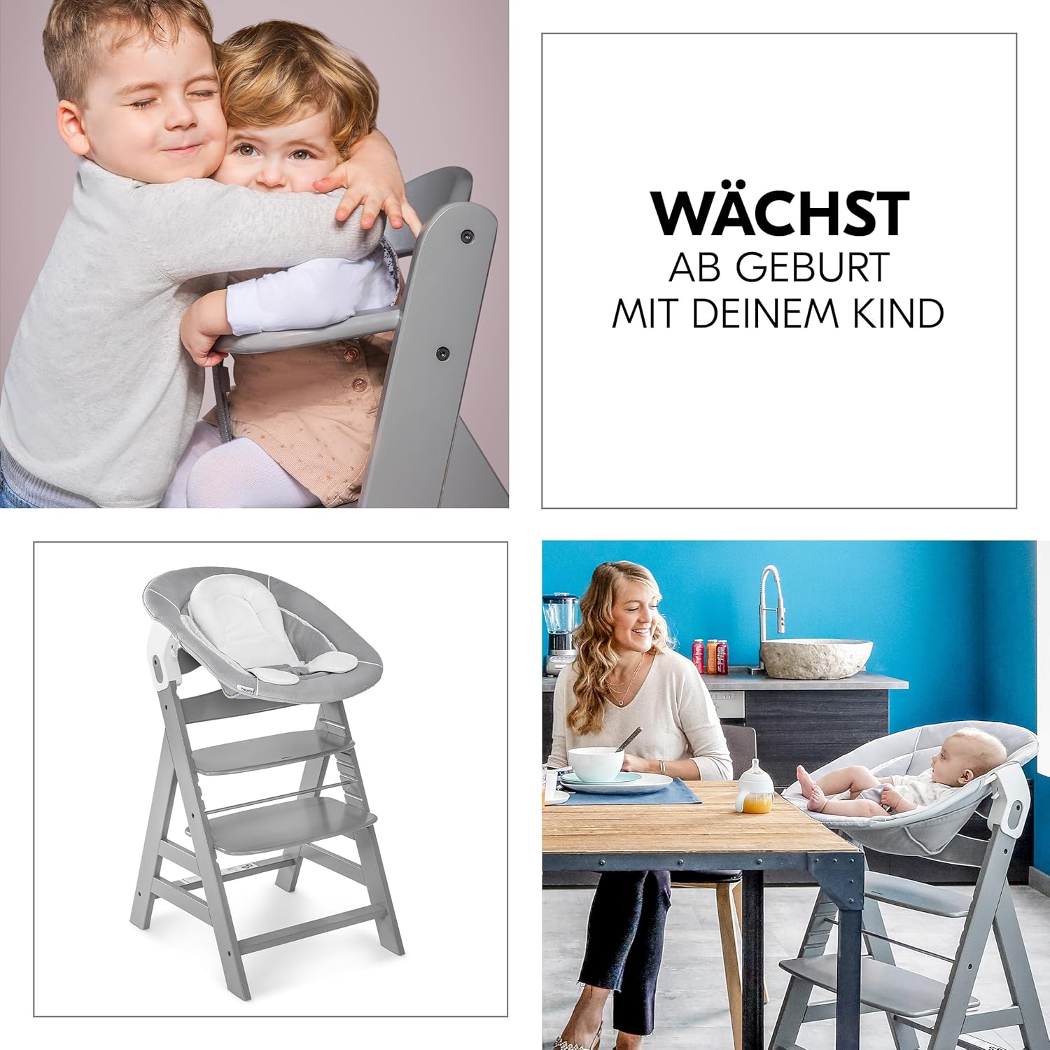 hauck Hochstuhl Alpha Plus Newborn Set mit 2in1 Bouncer - Mitwachsender Holz Babyhochstuhl ab Geburt, inkl. Sitzauflage & Neugeborenenaufsatz - Dark Grey