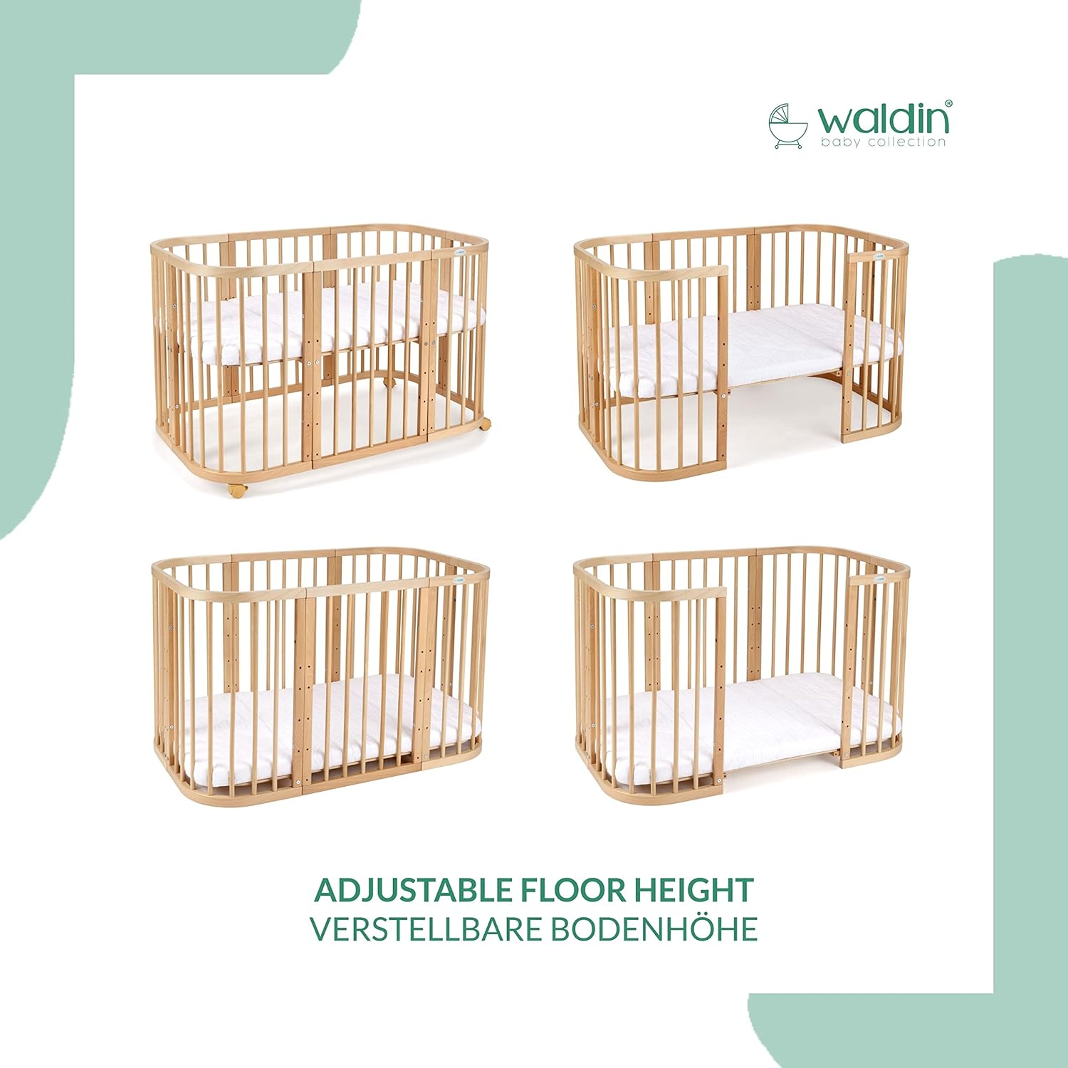Waldin Lettino per bambini in legno 7in1 con materasso, Letto "Cresci con me", Ventilato, Base regolabile in 5 altezze, Set All-Inclusive, Legno Bianco