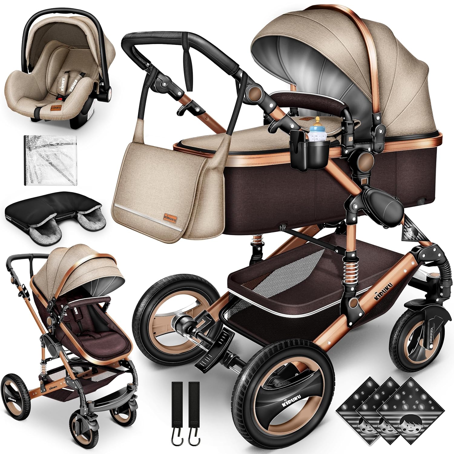 KIDUKU® Set completo passeggino 3 in 1 | Set passeggino combinato con navicella e sedile sportivo passeggino e seggiolino auto ovetto sacco a pelo | Ruote in gomma piena borsa per il cambio scaldamani parapioggia tavolino ECE R129