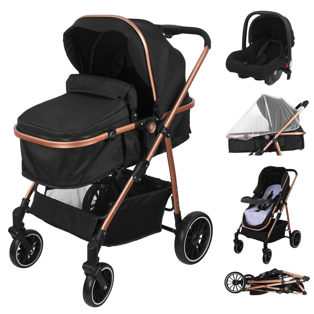 Vinteky 3 in1 Kinderwagen Buggy Kombikinderwagen Reisebuggy Komplett-Set inkl. Babywanne & Buggy Sportsitz & Auto-Babyschale Zusammenklappbar Shwarz