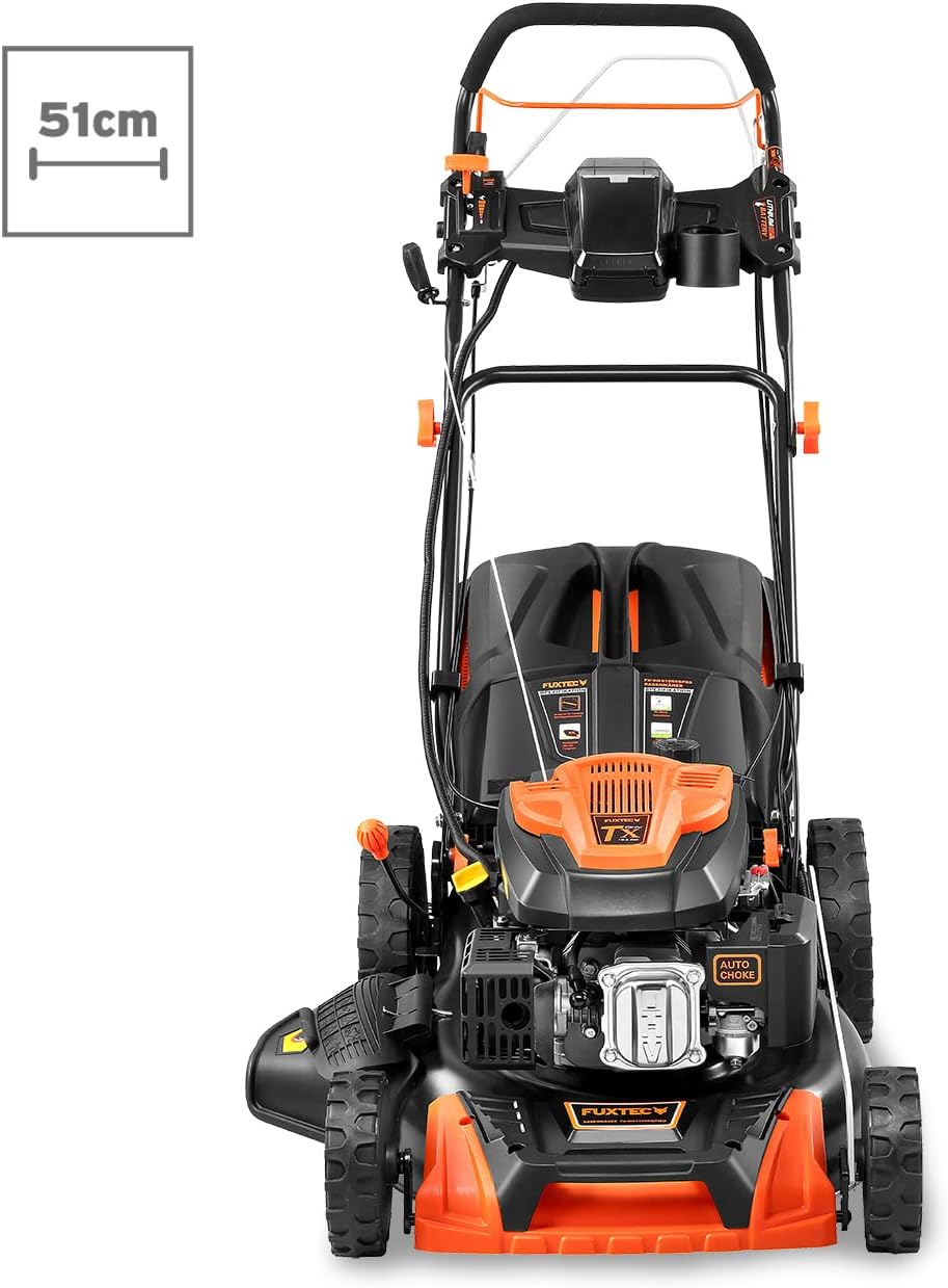 FUXTEC Tosaerba a Benzina 4in1 FX-RM5196eSPRO con Avviamento Elettrico e Trazione Regolabile, Rasaerba con Paraurti Anteriore, Larghezza di Taglio 51 cm, Ruote Big Wheel con Cuscinetti a Sfera, Cesto Raccoglierba da 60L