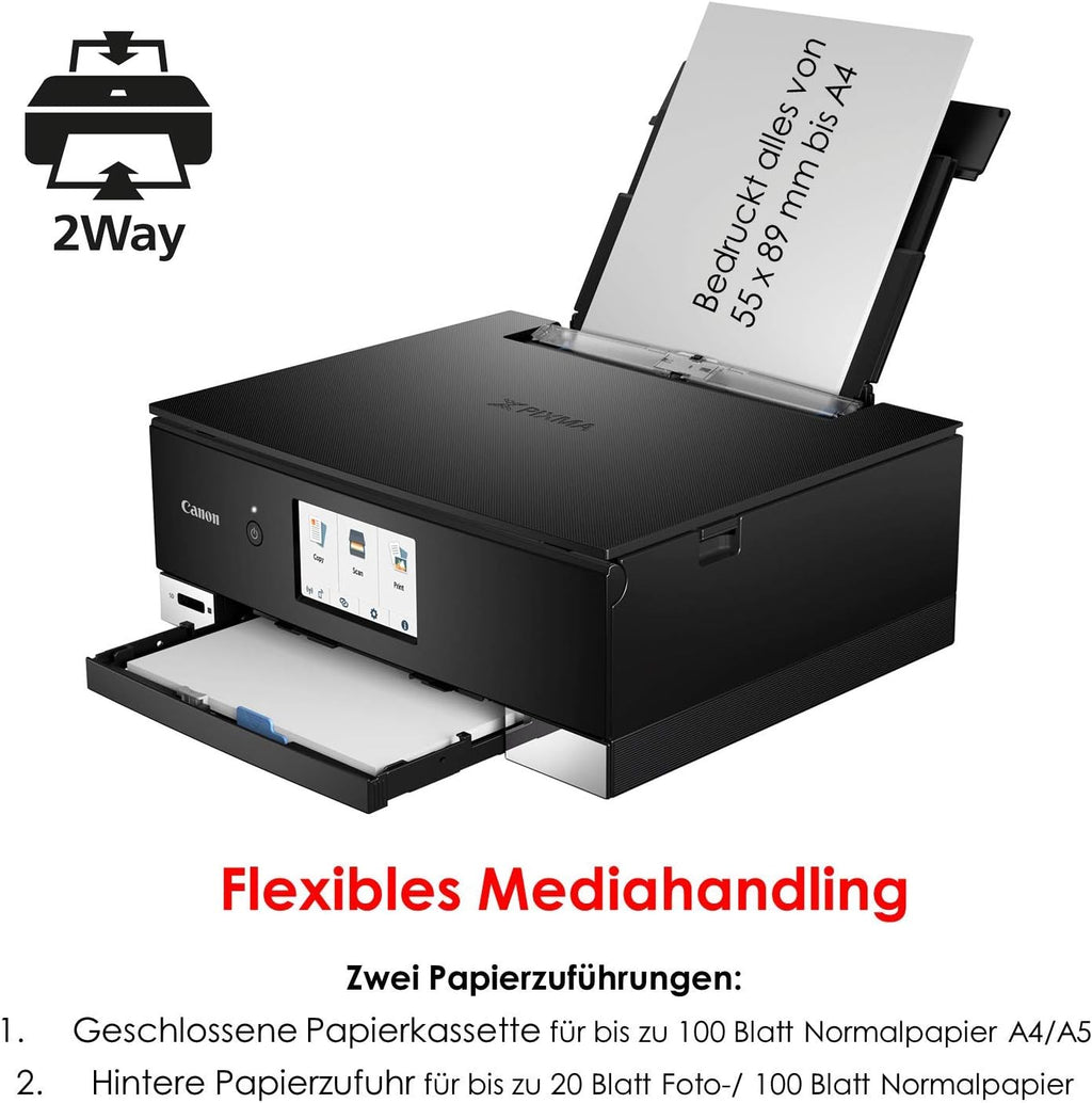 Canon PIXMA TS8351a Stampante multifunzione a getto d'inchiostro a colori DIN A4 (scanner, fotocopiatrice, 4.800 x 1.200 dpi, 6 inchiostri separati, USB, WLAN, AirPrint, stampa fronte/retro, 2 alimentatori carta, 5 GHz), bianco