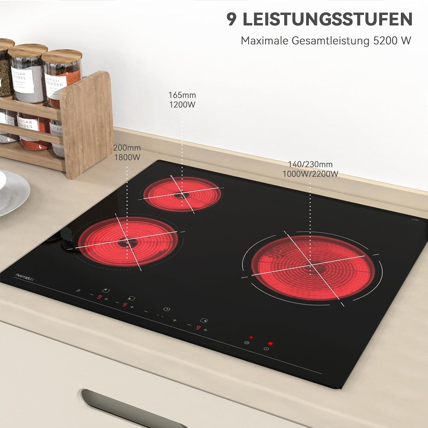 Hermitlux Domino Glaskeramikkochfeld,Eingebaut 29 cm schwarz Glaskeramik elektrisches Kochfeld,9 Leistungsstufen,Sensor-Touch-Steuerung, Kindersicherung, 1-99 Minuten-Timer,Geeignet für Alle Tpfe