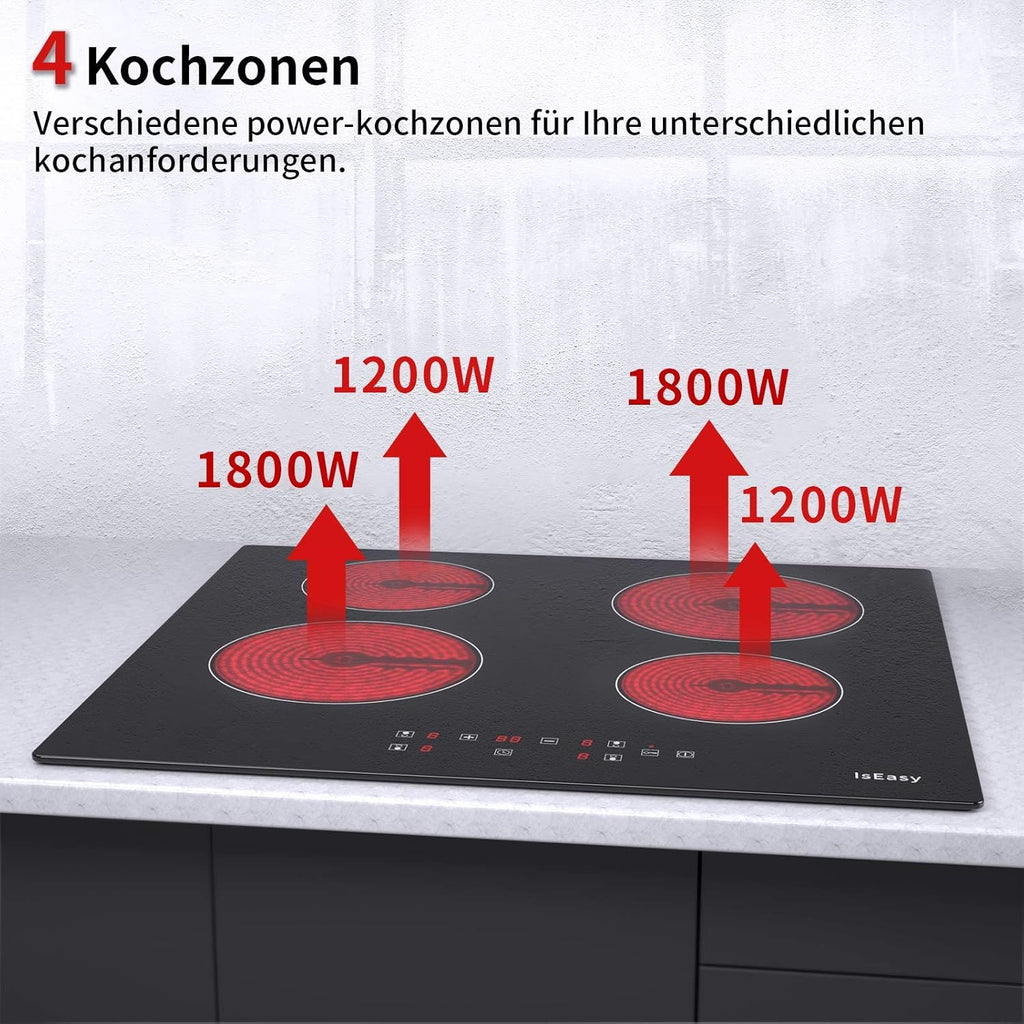 IsEasy 4 Zonen Einbau Induktionskochfeld mit 9 Leistungsstufen &1-99Min Timer, Boost-Funktion, Induktionskochplatte, Induktion Herdplatte mit 4 Platten, 60cm, 6800W, Schwarz
