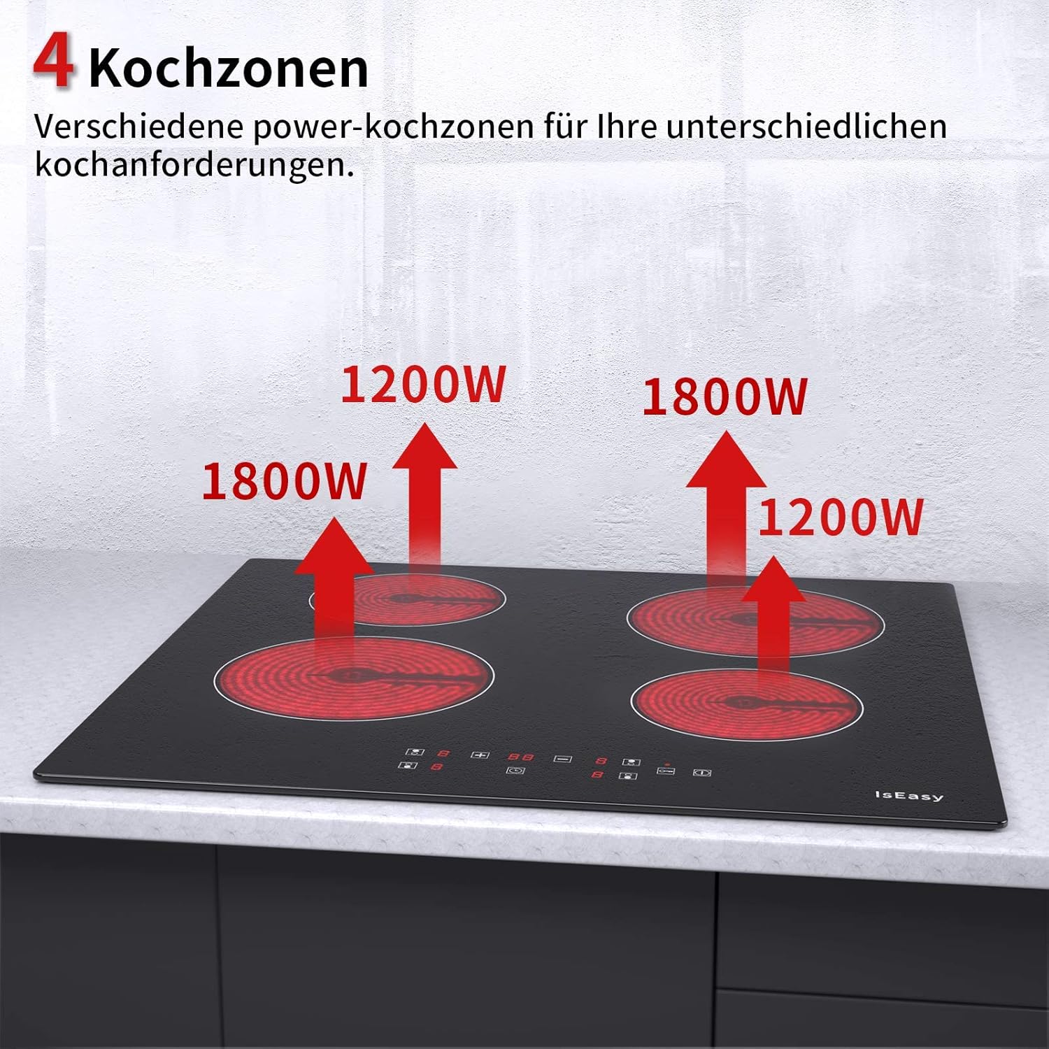 IsEasy 4 Zonen Einbau Induktionskochfeld mit 9 Leistungsstufen &1-99Min Timer, Boost-Funktion, Induktionskochplatte, Induktion Herdplatte mit 4 Platten, 60cm, 6800W, Schwarz