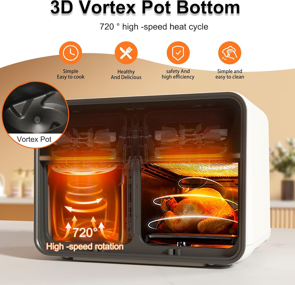 Runnatal Dual Zone Heißluftfritteuse mit Sichtfenster, 8L Airfryer, 2100W, 2 Fächer, 14-in-1 Doppelkammer Heißluftfritteuse Mit Vegetarier und Fleischtöpfen, 2 kammern Airfryer, Antihaftbeschichtung