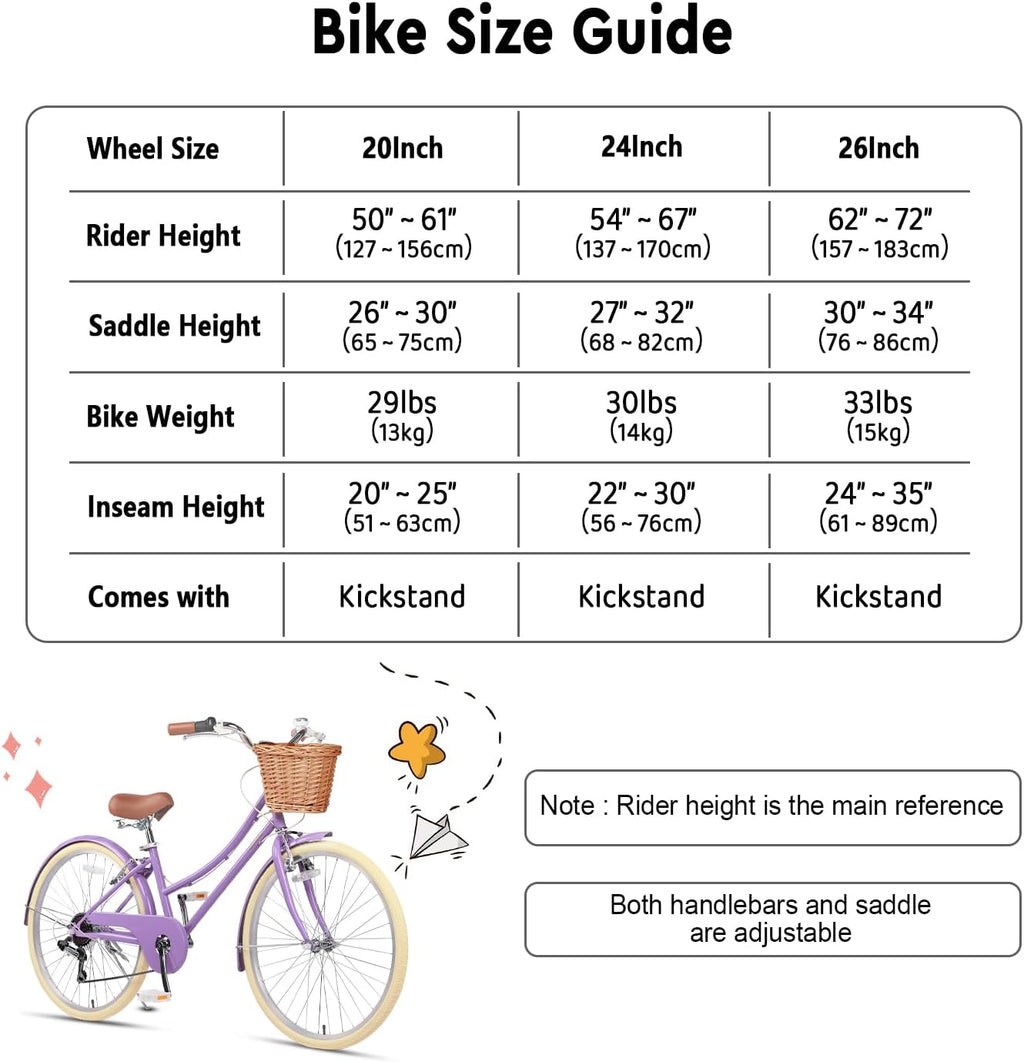Glerc Missy 20 24 26 Zoll Mädchen City 6-Gang Hybrid Cruiser Fahrrad mit Weidenkorb für Jugend über 6-Jahre alt, mehrere Farben