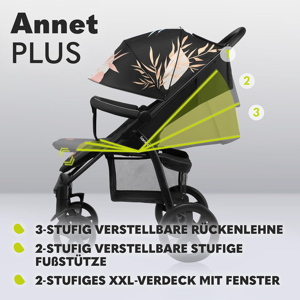 LIONELO Annet Buggy fino a 22 kg con funzione reclinabile, passeggino compatto richiudibile con accessori, ruote in schiuma EVA, zanzariera, coprigambe, portabevande, cestino (Golden Moments, Tour)