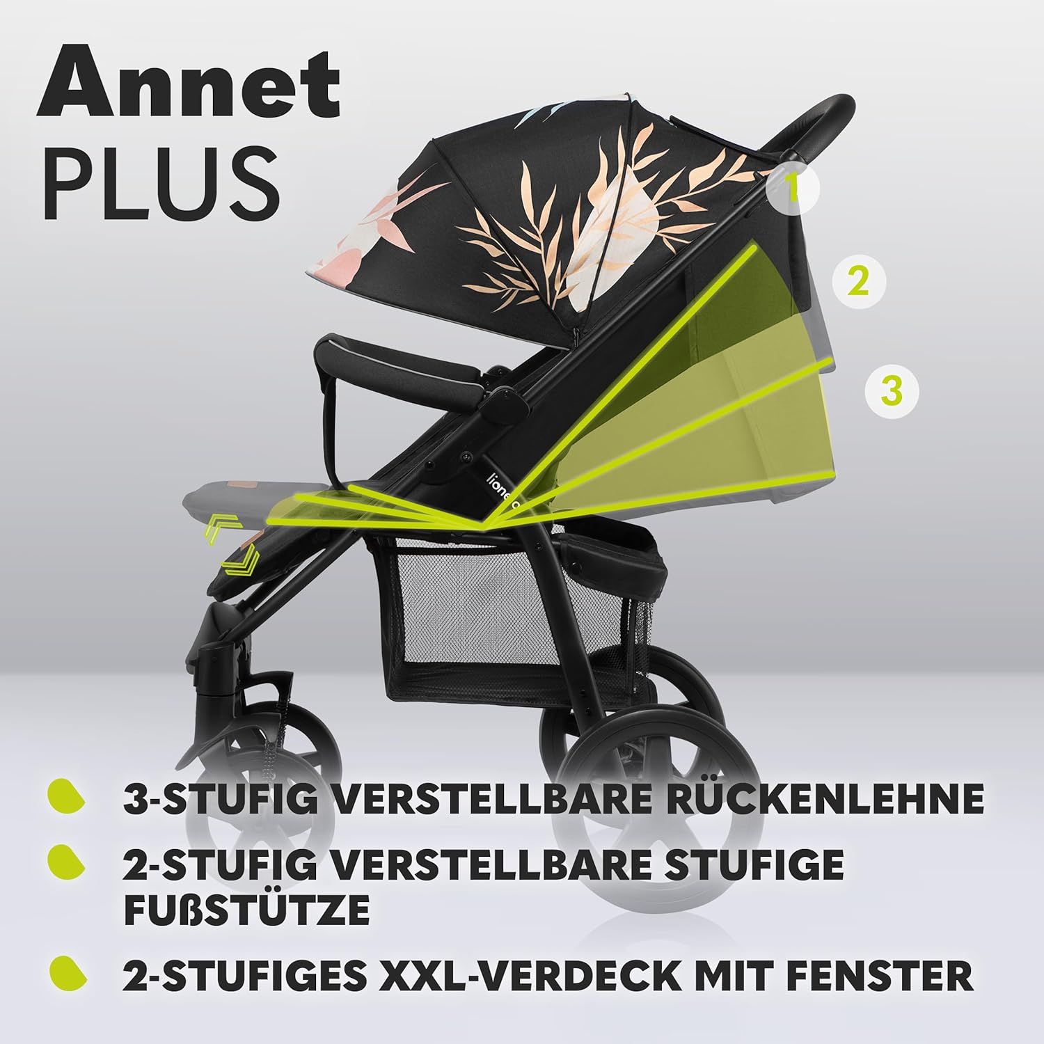 LIONELO Annet Buggy fino a 22 kg con funzione reclinabile, passeggino compatto richiudibile con accessori, ruote in schiuma EVA, zanzariera, coprigambe, portabevande, cestino (Golden Moments, Tour)