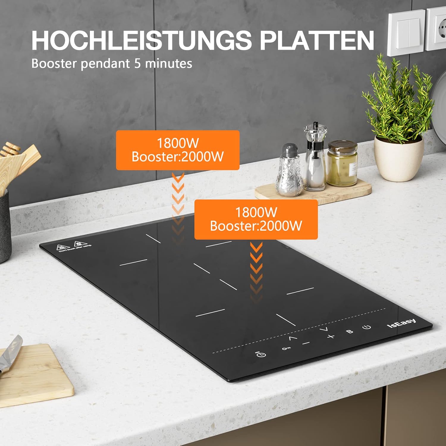 IsEasy 4 Zonen Einbau Induktionskochfeld mit 9 Leistungsstufen &1-99Min Timer, Boost-Funktion, Induktionskochplatte, Induktion Herdplatte mit 4 Platten, 60cm, 6800W, Schwarz