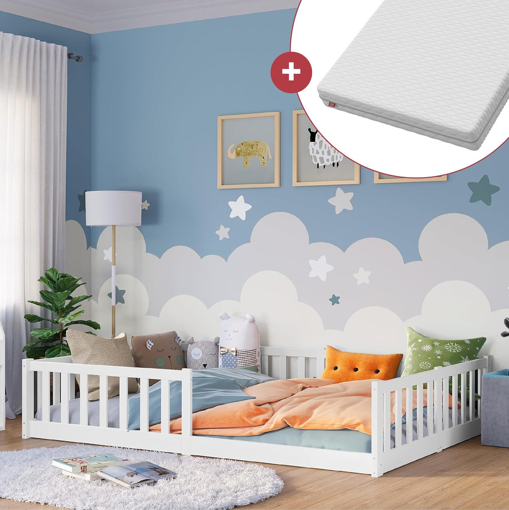 Bellabino Vere Letto a Pavimento 140x200 Montessori, Letto Matrimoniale con Protezione Anticaduta e Rete a Doghe, Letto per Bambini e Bambine in Legno Massello di Pino Bianco con Sbarre