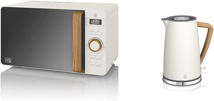 Forno a microonde digitale Swan Nordic da 20 L, 6 livelli di potenza, 800 W, timer da 30 minuti, facile da pulire, modalità scongelamento, design moderno, maniglia effetto legno, bianco opaco