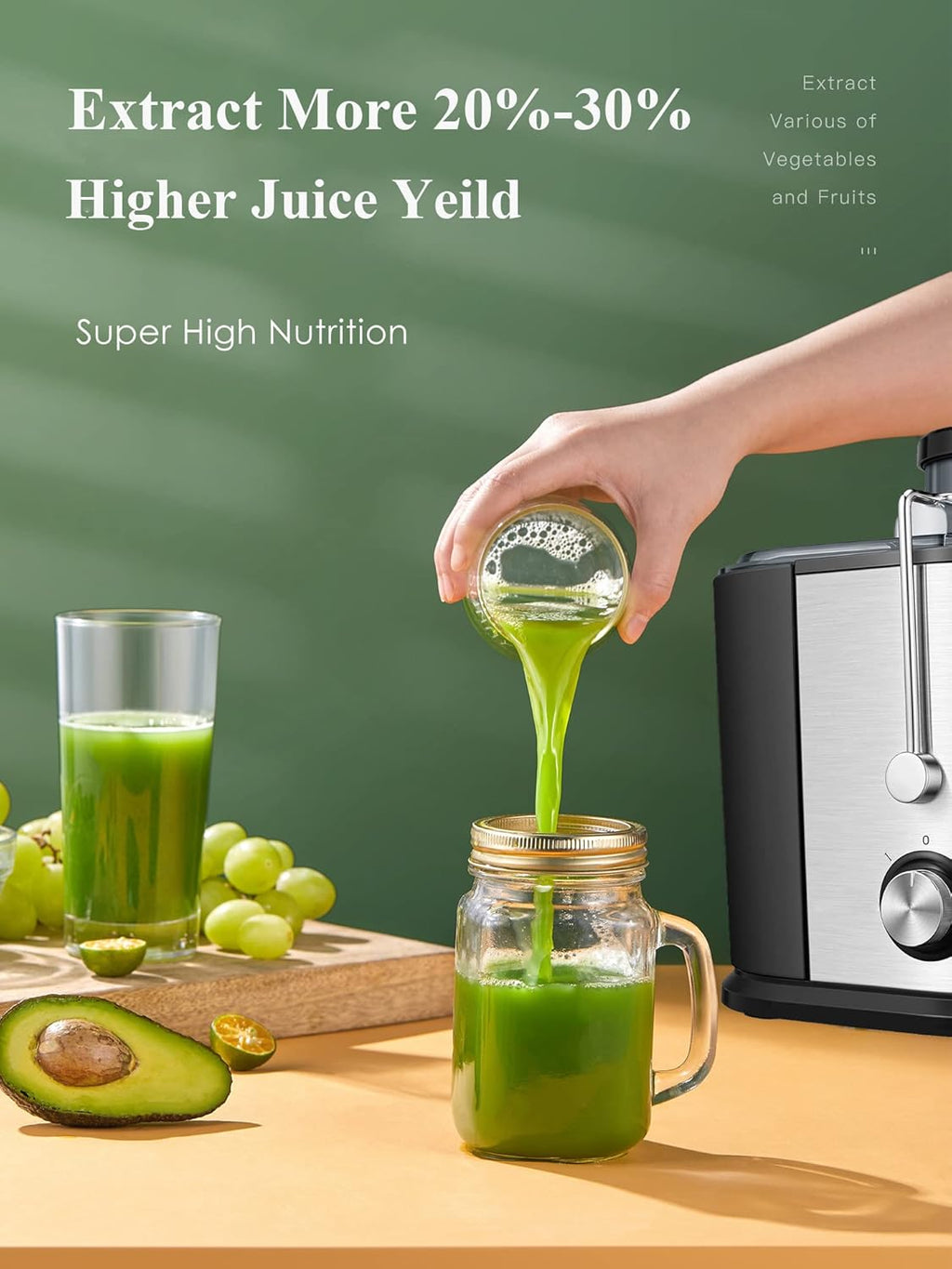 Juilist Entsafter Gemüse und Obst, 600W Juicer mit Groer Einfüllschacht (65 mm), 2 Geschwindigkeitsstufen, Anti-Tropf-System & Anti-Rutsch-Füe, Leicht zu bedienen und zu reinigen