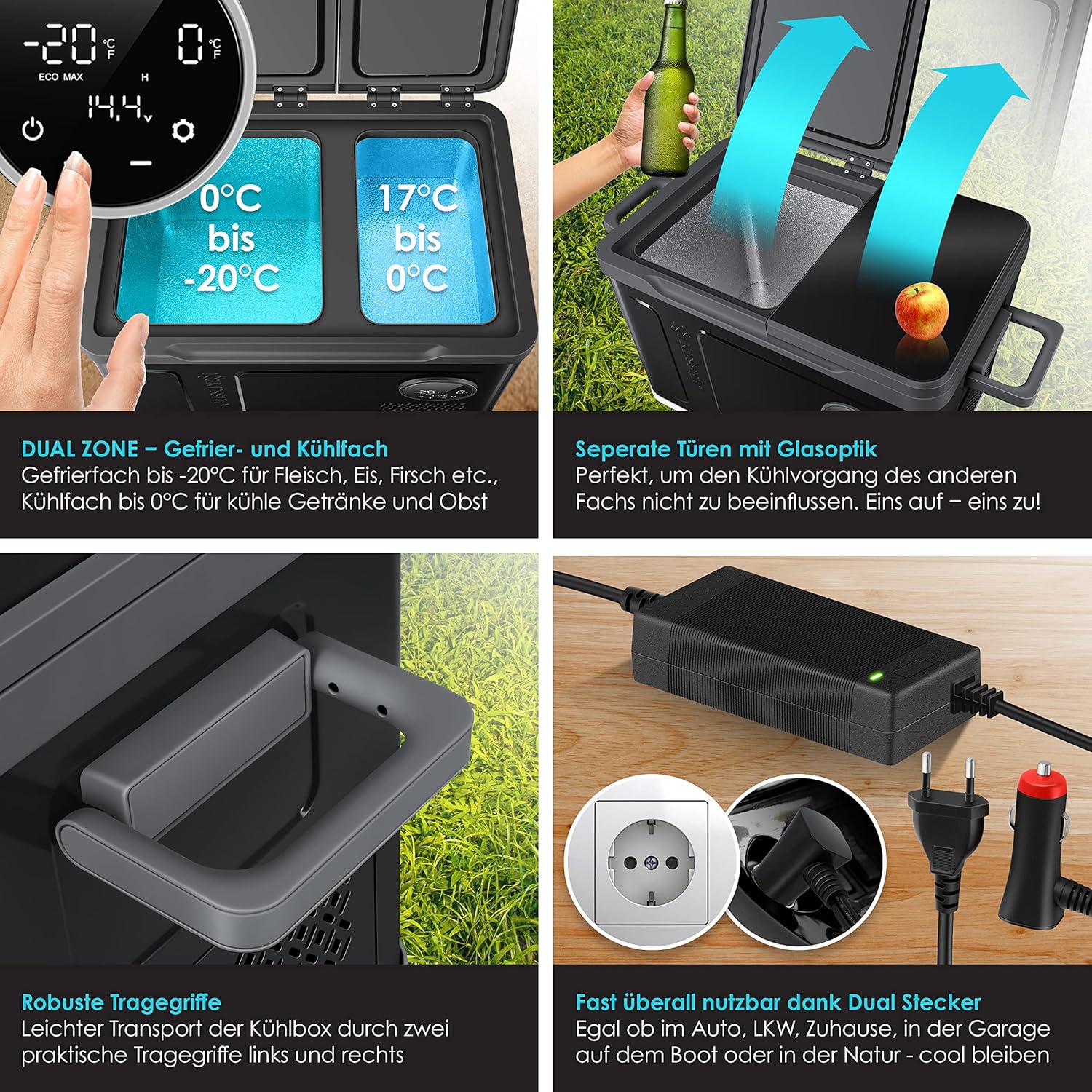 KESSER® Frigorifero portatile a compressore 2in1 doppia zona frigo e congelatore, congelatore elettrico con 2 accumuli di freddo e controllo touch LED | Refrigerazione fino a -20 °C per campeggio, auto, camion 12/24V 230V