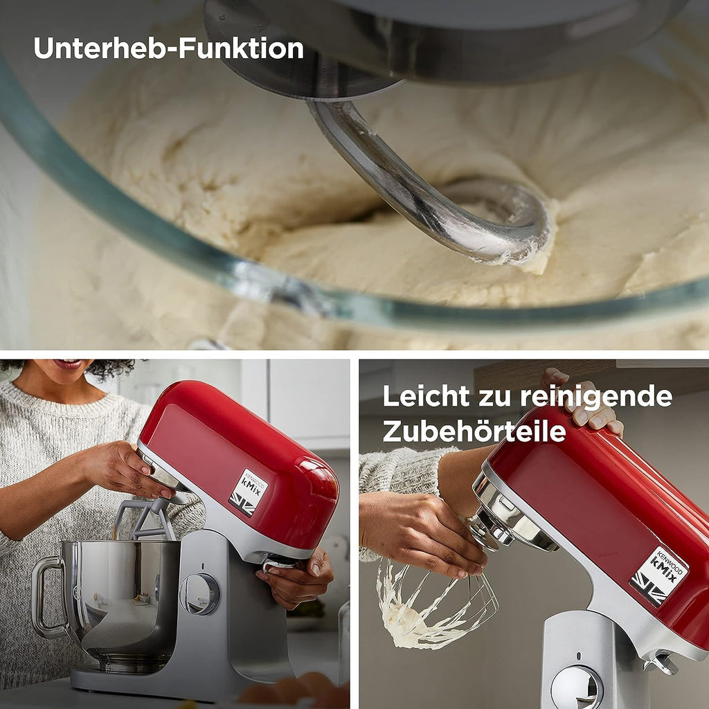 Kenwood kMix KMX750RD Robot da cucina, Ciotola in acciaio inox da 5 litri, Sistema di sicurezza Safe-Use, Corpo in metallo, 1000 Watt, Inclusi set di 3 accessori da pasticceria e paraspruzzi, Rosso