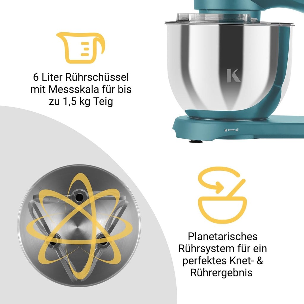Impastatrice Planetaria KLAMER 1800W, con Ciotola in Acciaio Inossidabile da 6 Litri, 10 Velocità con Timer, Frusta a Filo, Gancio Impastatore, Frusta Piatta e Paraspruzzi