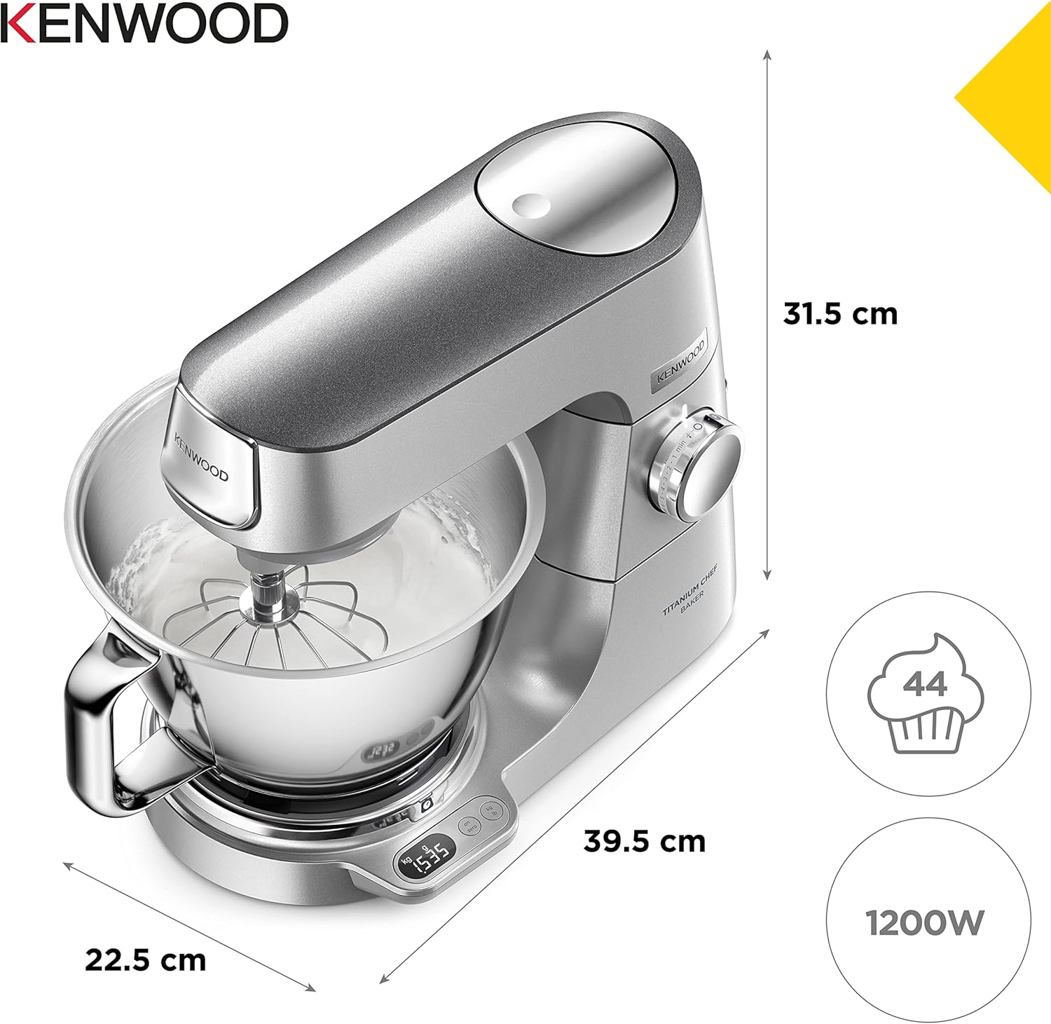 Kenwood Titanium Chef Baker KVL85.424SI Robot da cucina con bilancia integrata, incl. set pasticceria da 4 pezzi, ciotole da 7 L e 5 L, regolazione continua della velocità, 1200 W, Argento