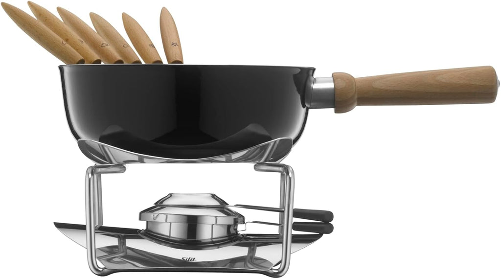 Silit Set Fonduta al Formaggio 9 Pezzi, Fonduta per 6 Persone, Ceramica Funzionale Silargan, Induzione, Lavabile in Lavastoviglie, Casseruola Rechaud Fornello Forchette da Fonduta