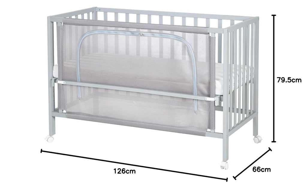 roba Beistellbett 60 x 120 cm - Adam & Eule Room Bed - Babybett zum Anstellen an Elternbett - Inklusive Matratze, Bettwäsche, Himmel - Mobil & Höhenverstellbar - Holz weiß
