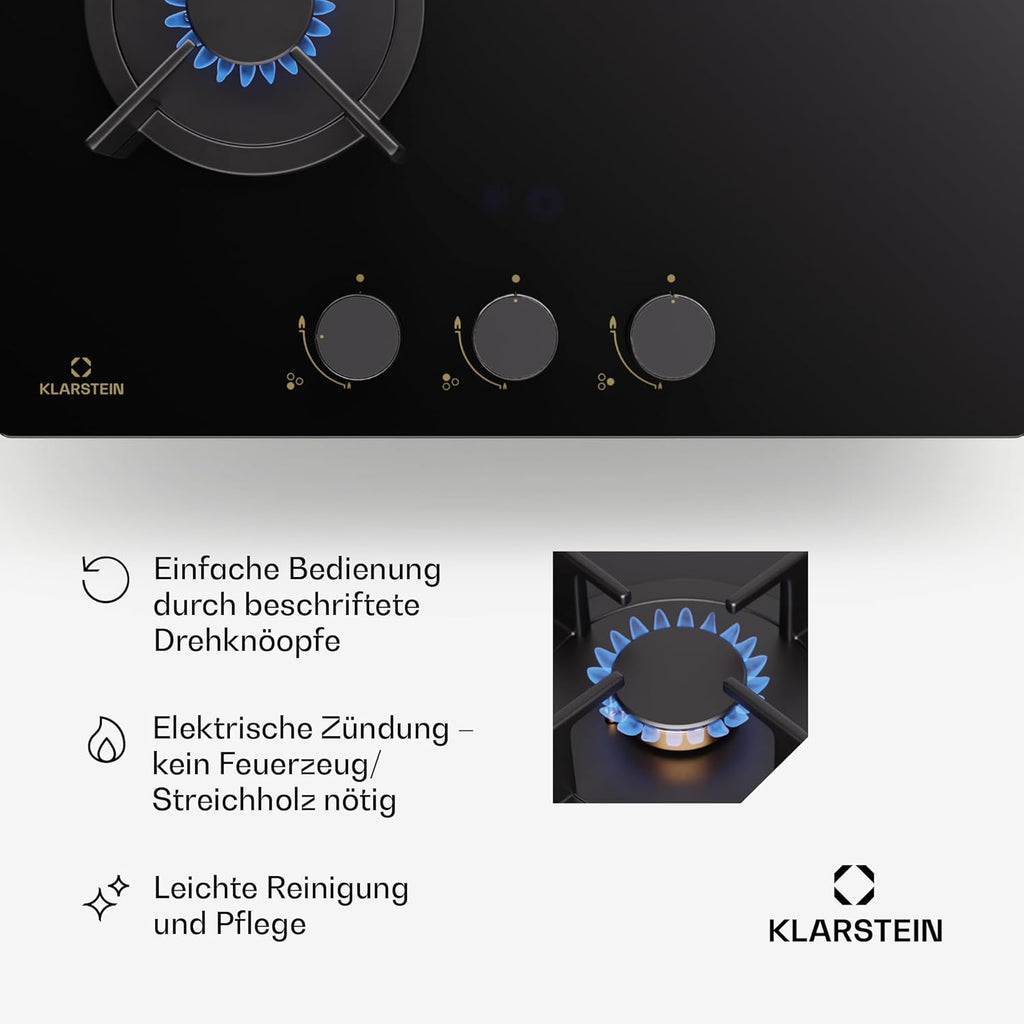 Klarstein Gasherd, Gaskochfeld 4 Flammig, Einbau-Gaskocher für Zuhause & Wohnmobil, Campingkocher mit Glasplatte, Gasherd für Propan- und Erdgas, Edelstahl Gas-Herdplatte Wok Brenner 8000 Watt