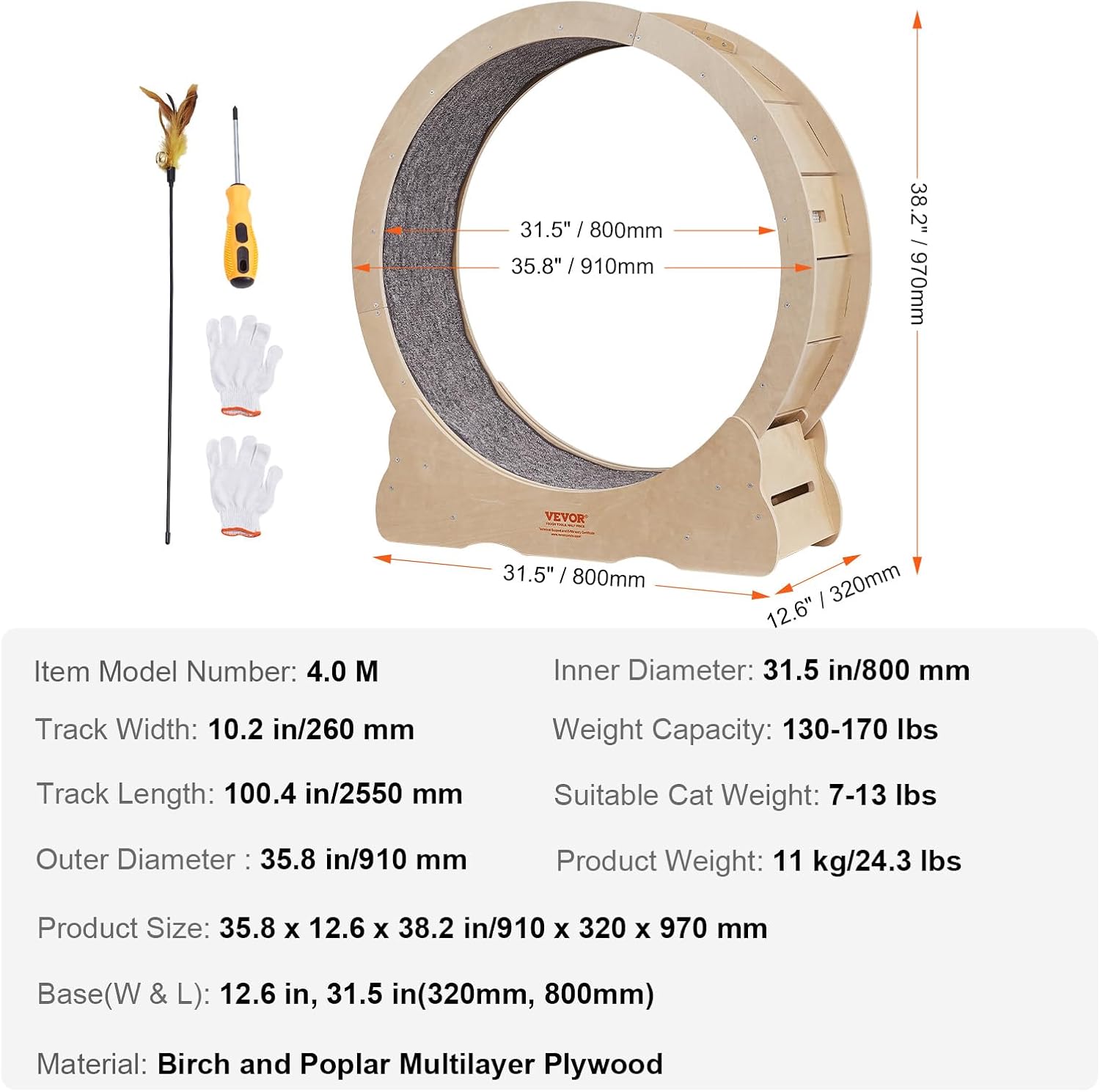 VEVOR Katzenlaufrad 1320x340x1415mm Laufrad Katzen aus Birken-& Pappelsperrholz Katzenrad Geruscharm Abnehmbare Innenmatte Cat Wheel Geeignet für Katzen mit einem Gewicht von 8kg bis 14kg