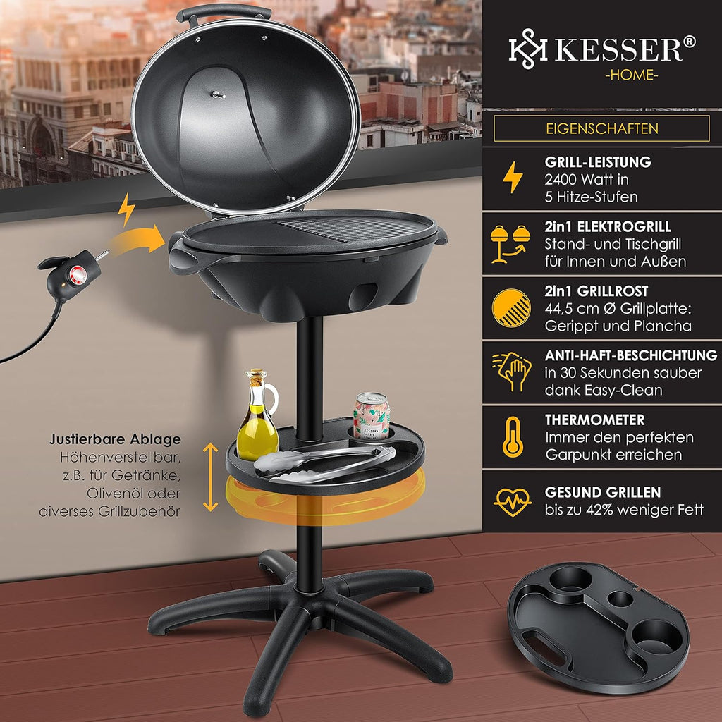 KESSER® Barbecue elettrico 2 in 1 da tavolo e da terra con coperchio, base, termometro max. 2400 Watt, piastra antiaderente XXL, ripiano, barbecue elettrico a colonna, set per barbecue incluso