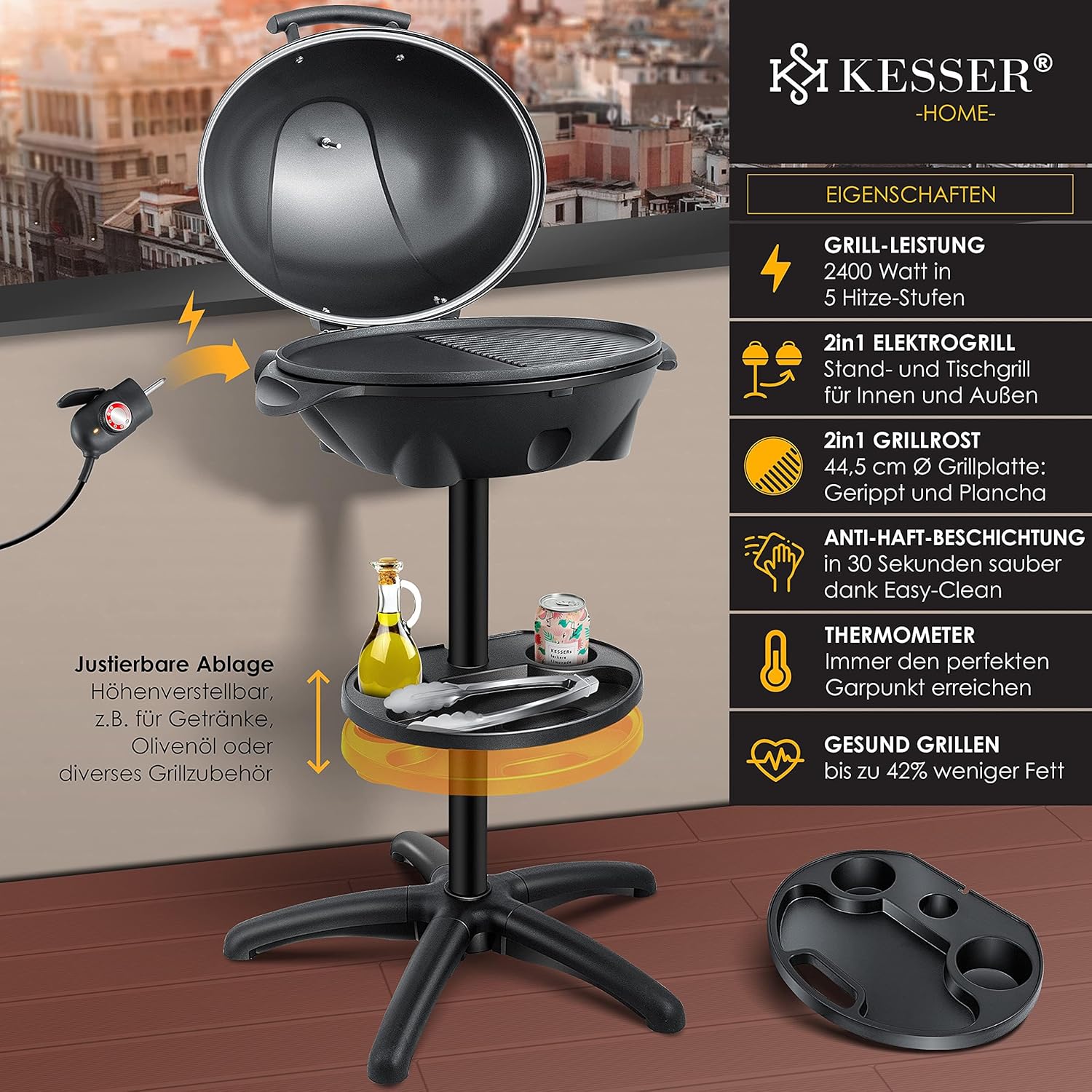 KESSER® Barbecue elettrico 2 in 1 da tavolo e da terra con coperchio, base, termometro max. 2400 Watt, piastra antiaderente XXL, ripiano, barbecue elettrico a colonna, set per barbecue incluso
